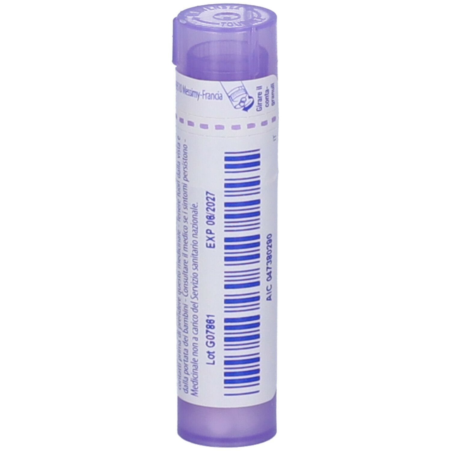 Confezione cilindrica 'Kalium phosphoricum 30 ch'. Etichetta bianca con testo e data di scadenza. Tappo viola.
