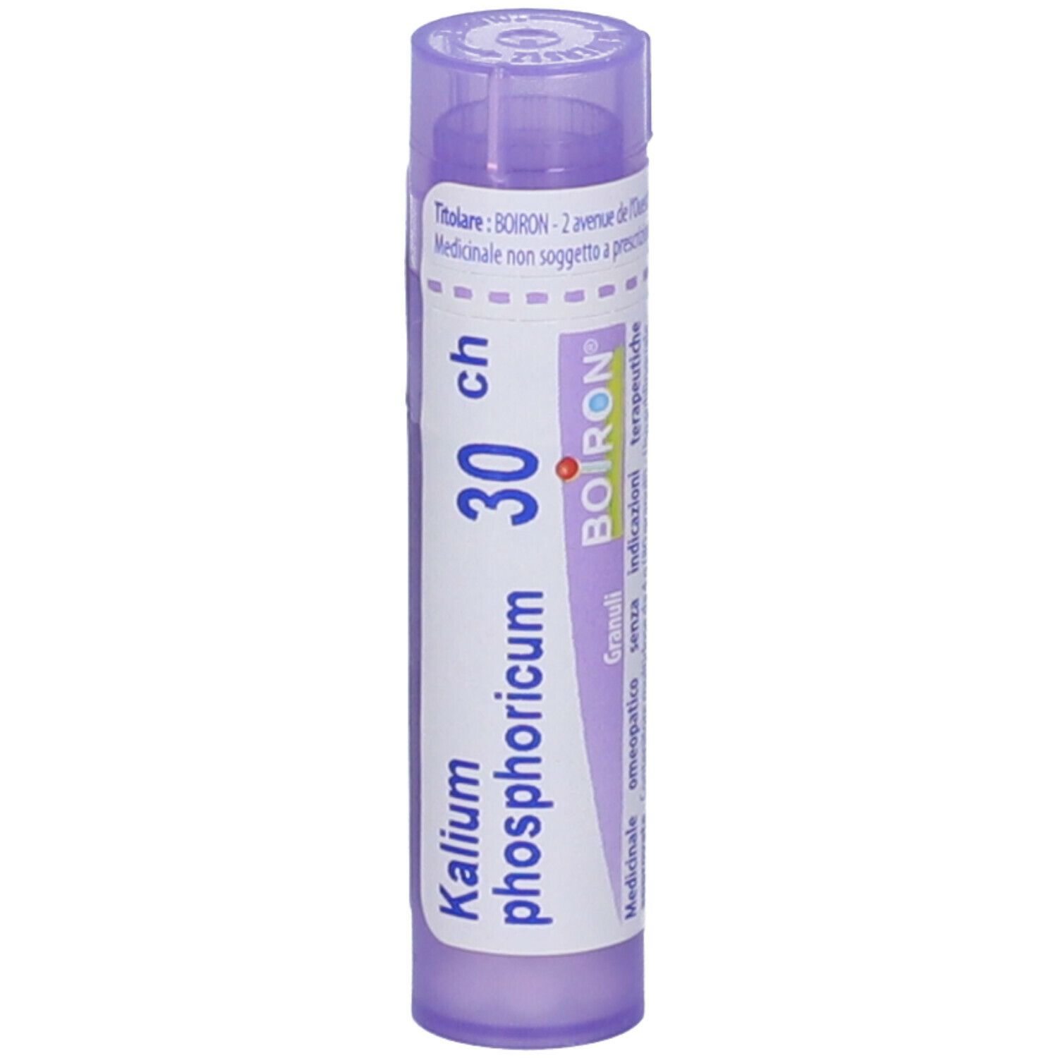 Confezione cilindrica 'Kalium phosphoricum 30 ch' di BOIRON. Tappo e testo viola su etichetta bianca.