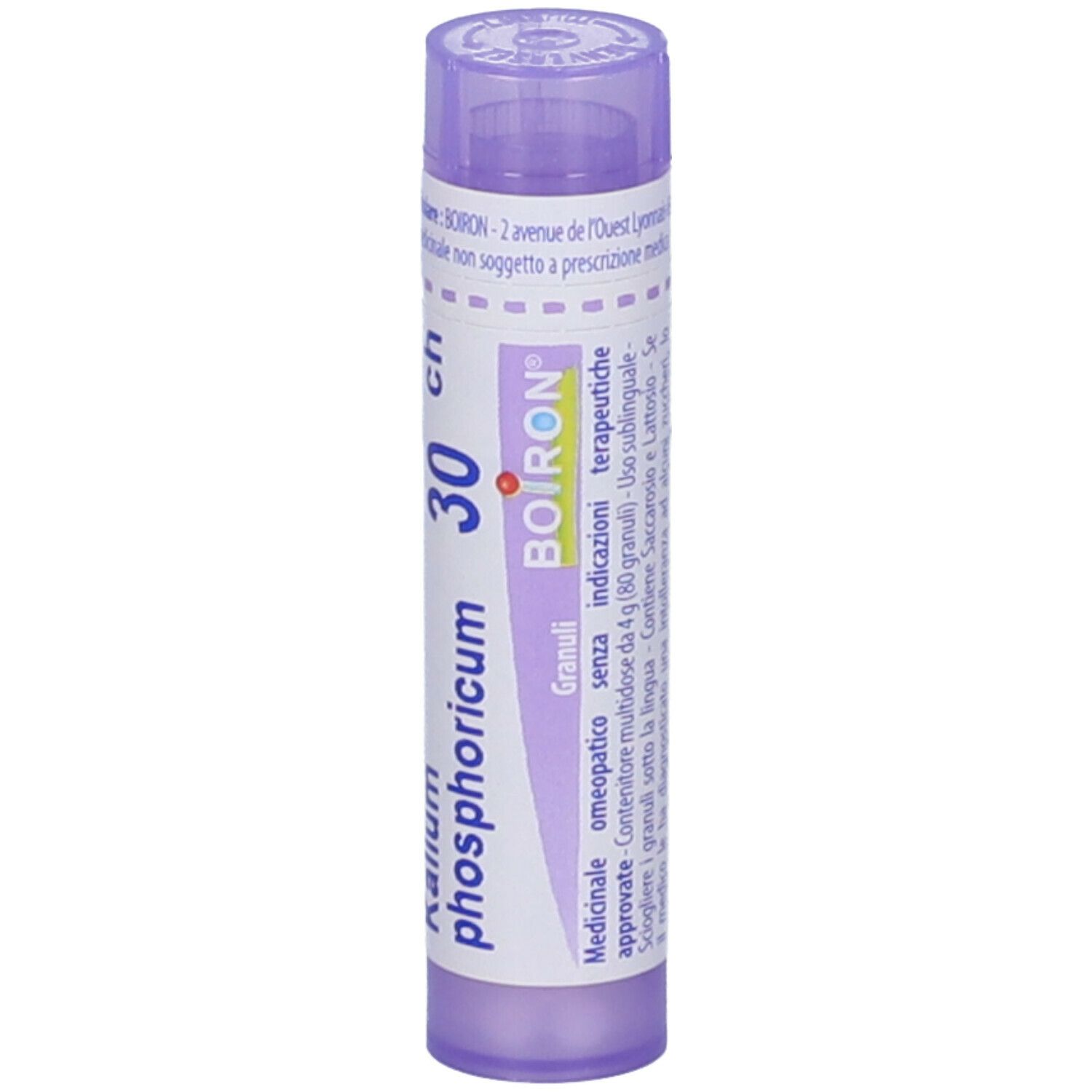 Confezione cilindrica 'Kalium phosphoricum 30 ch' di BOIRON. Tappo e testo viola su etichetta bianca.