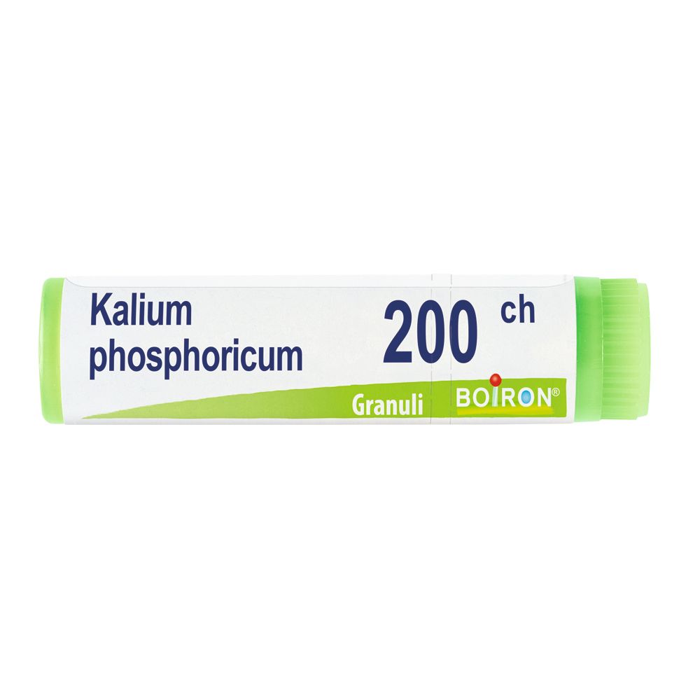 Confezione cilindrica con tappo verde. Scritta: Kalium phosphoricum 200 ch, Granuli, Boiron.