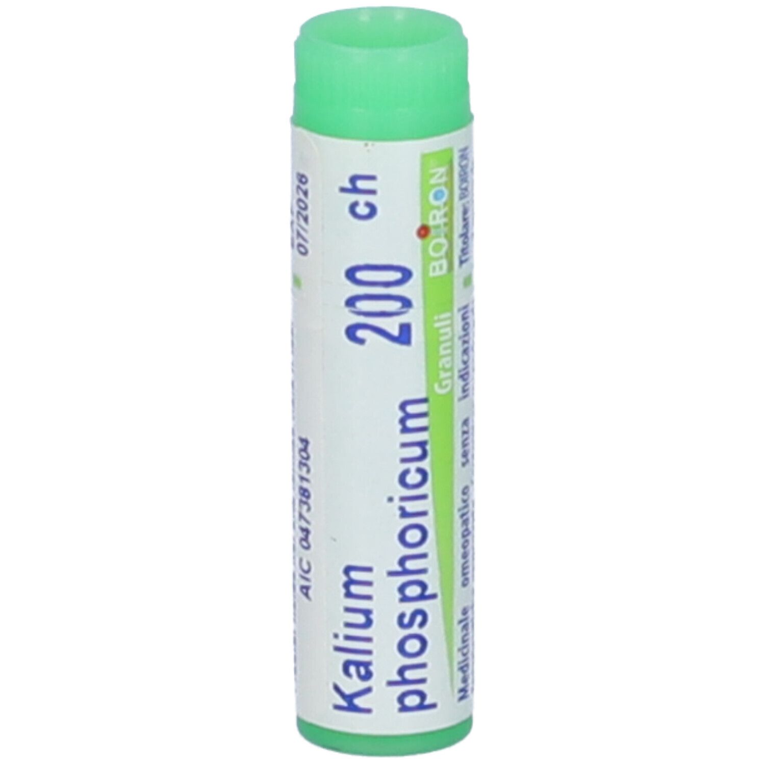 Confezione cilindrica con tappo verde. Scritta: Kalium phosphoricum 200 ch, Boiron, scadenza 07/2026.