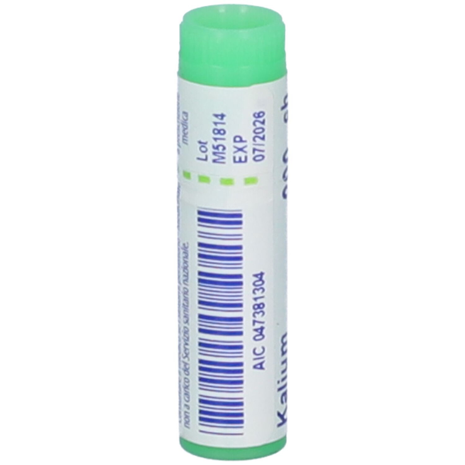 Confezione cilindrica con tappo verde. Scritta: Kalium phosphoricum, scadenza 07/2026, AIC 047381304.