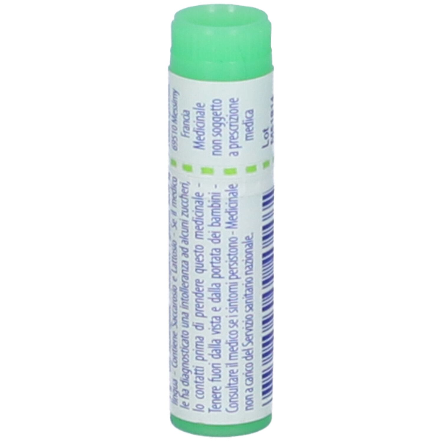Confezione cilindrica con tappo verde. Scritta: Kalium phosphoricum, informazioni per l'uso, non soggetto a prescrizione.