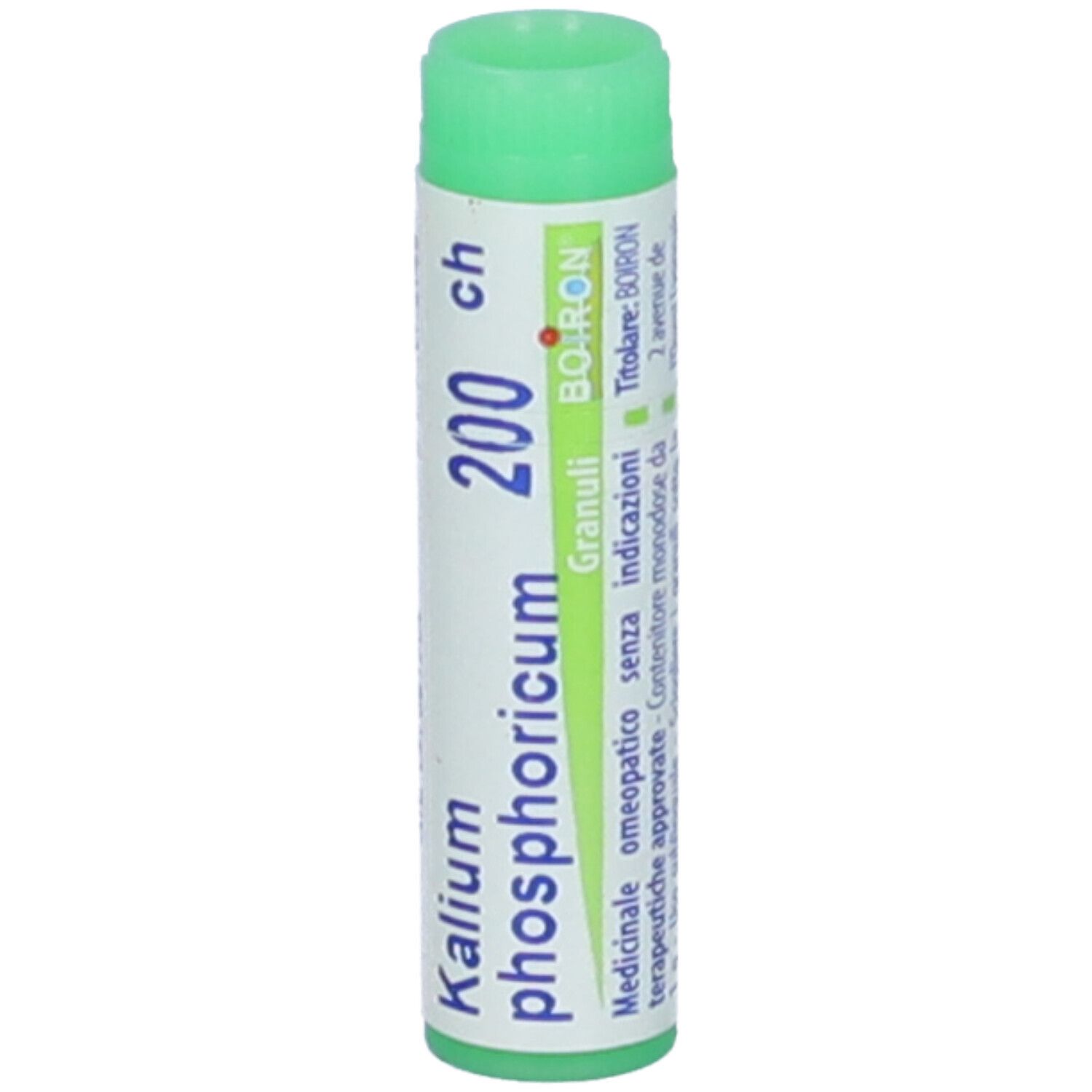 Confezione cilindrica con tappo verde. Scritta: Kalium phosphoricum 200 ch, Granuli, Boiron, medicinale omeopatico.