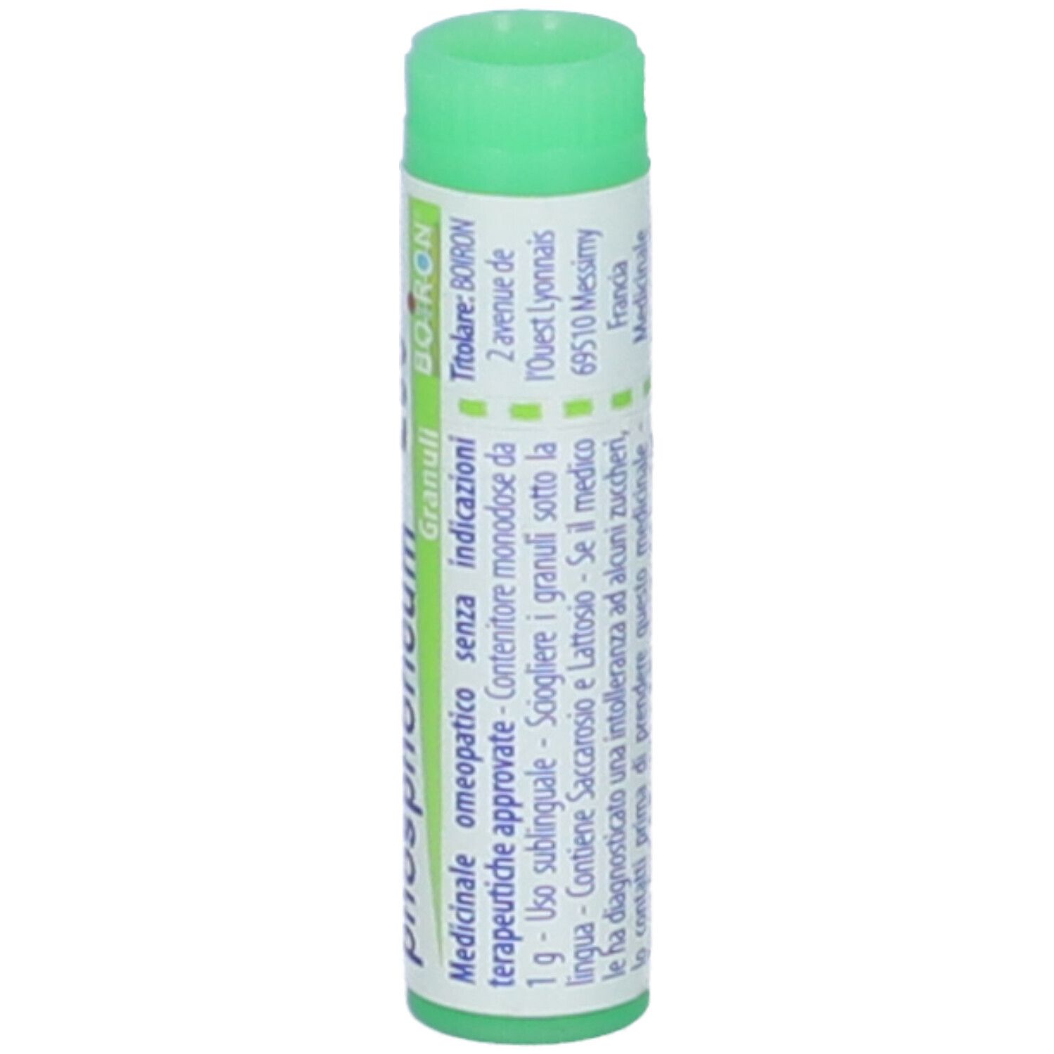Confezione cilindrica con tappo verde. Scritta: Kalium phosphoricum, medicinale omeopatico, Boiron, indirizzo.