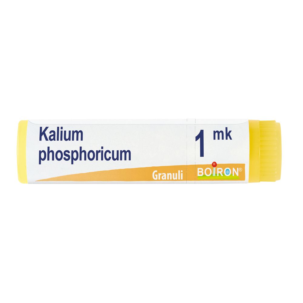 Confezione cilindrica con estremità gialle. Scritta: Kalium phosphoricum, 1 mk, Granuli, BOIRON.