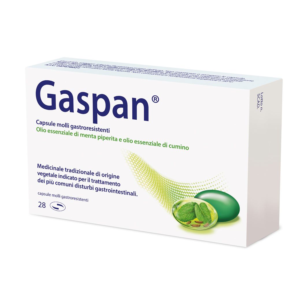 Scatola bianca con logo "Gaspan" blu. Testo: Capsule molli gastroresistenti, 28 unità. Illustrazione di capsule ed erbe.