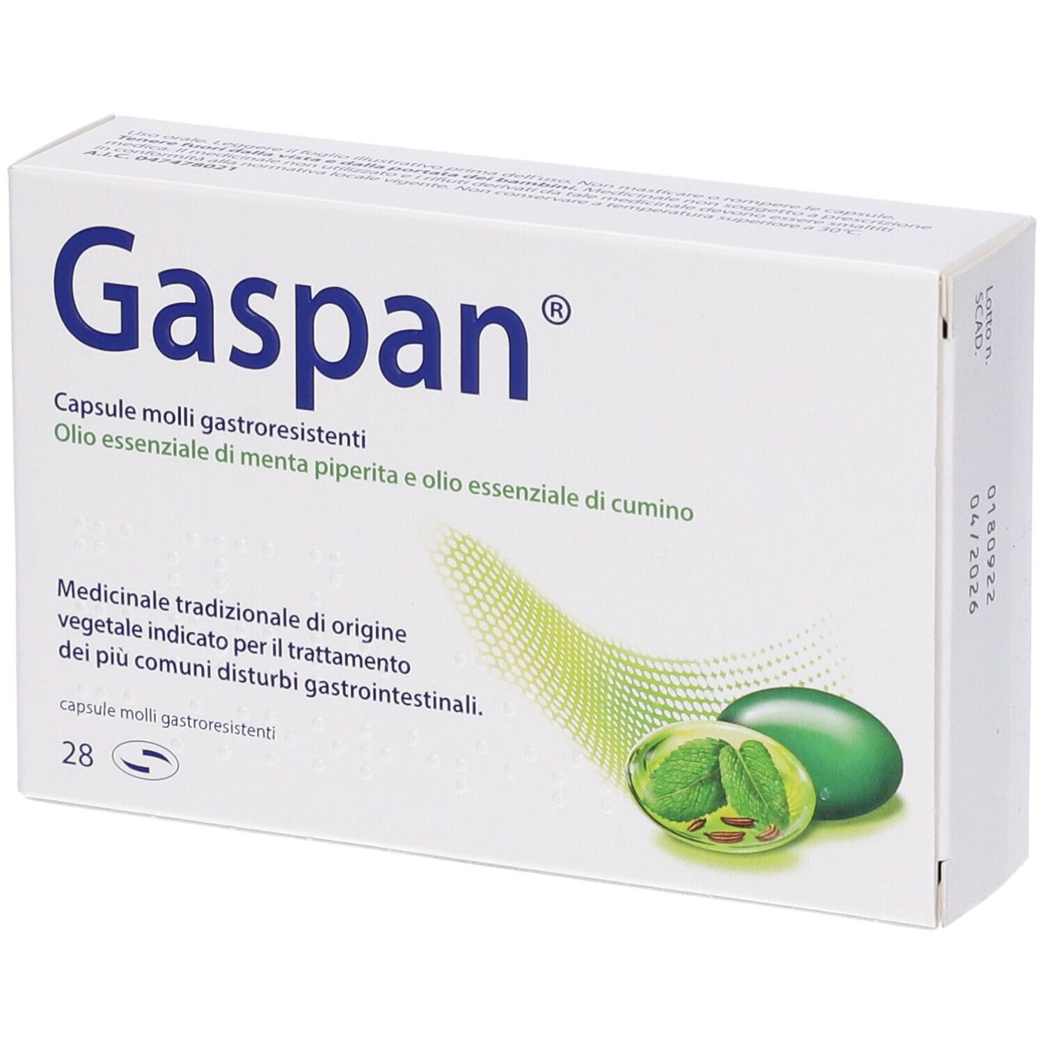 Scatola bianca con logo "Gaspan" blu. Testo: Capsule molli gastroresistenti, 28 unità. Illustrazione di capsule ed erbe.