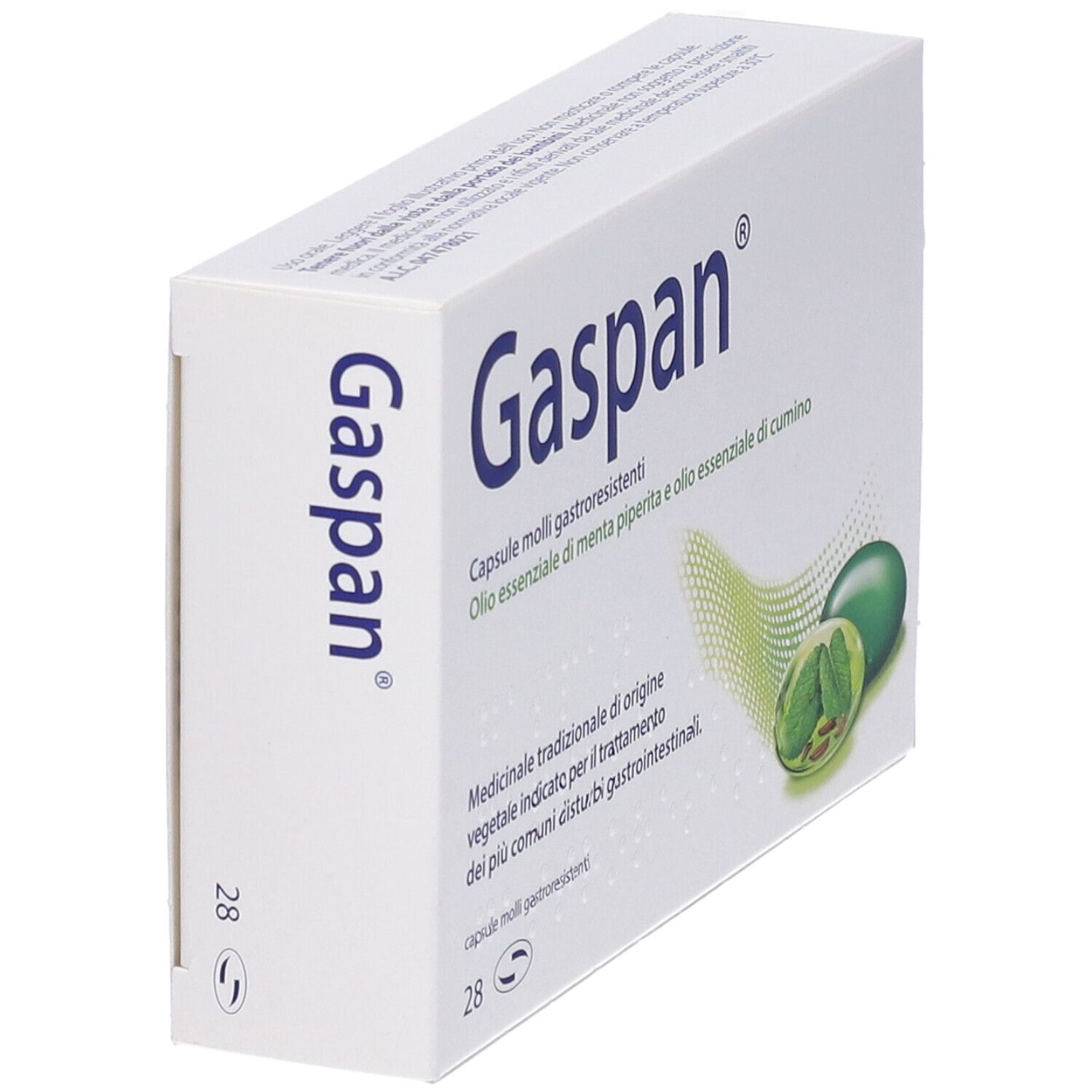 Scatola bianca con logo "Gaspan" blu. Testo: Capsule molli gastroresistenti, 28 unità. Illustrazione di capsule ed erbe.