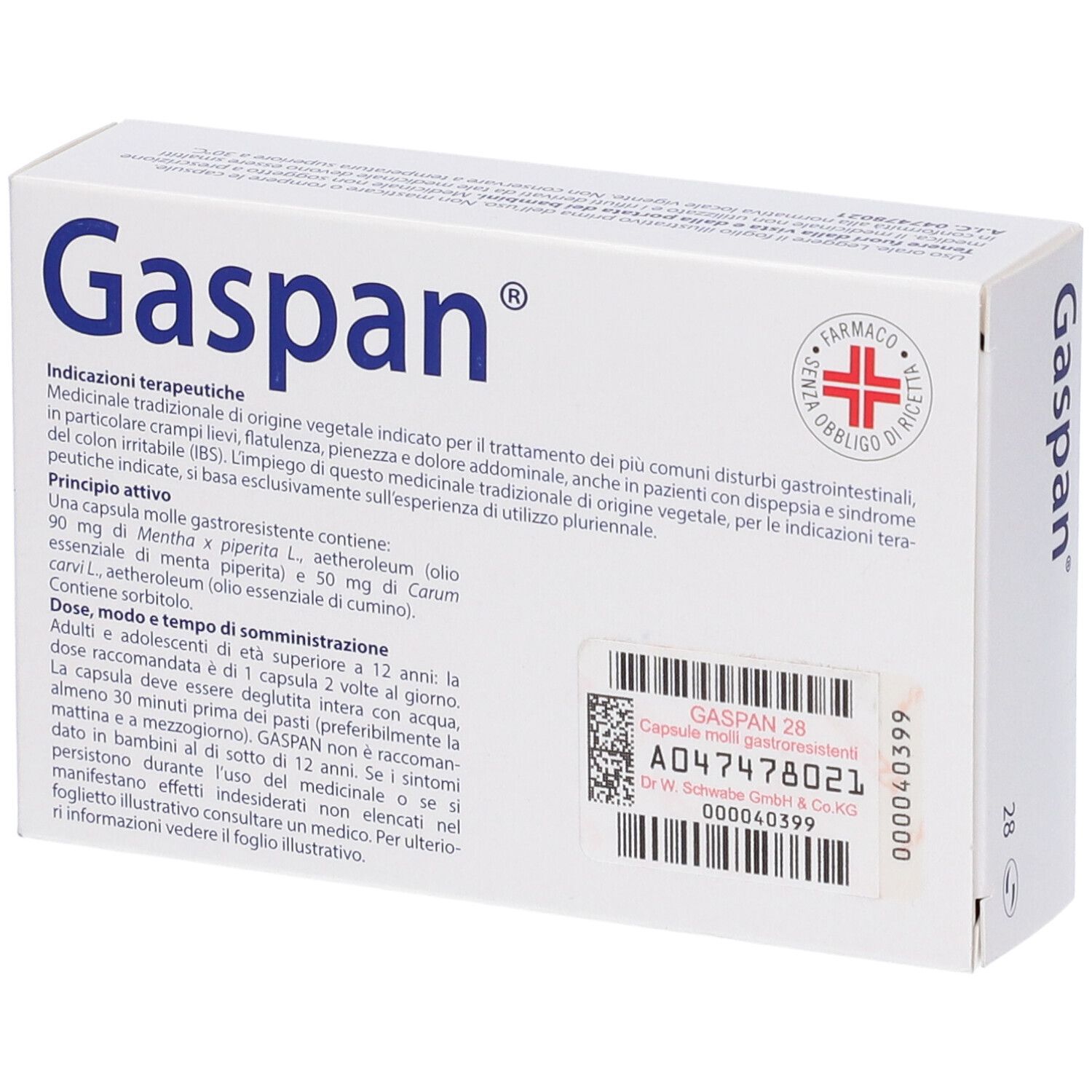 Scatola bianca con logo "Gaspan" blu. Testo: Capsule molli gastroresistenti, 28 unità. Illustrazione di capsule ed erbe.