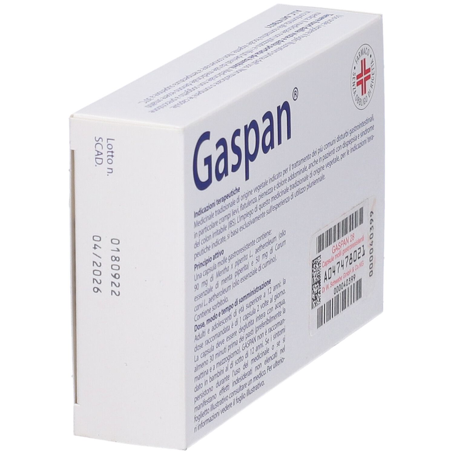 Scatola bianca con logo "Gaspan" blu. Testo: Capsule molli gastroresistenti, 28 unità. Illustrazione di capsule ed erbe.