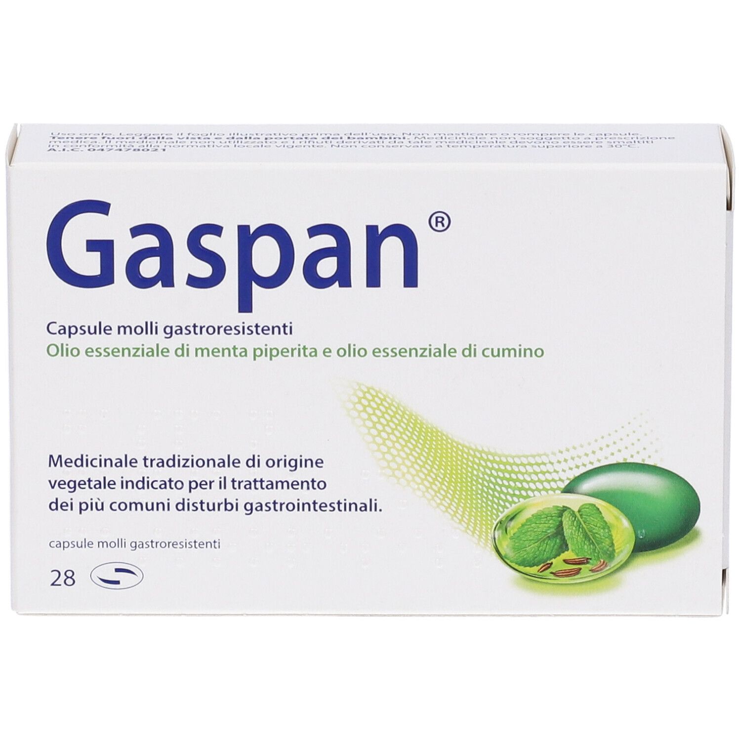 Scatola bianca con logo "Gaspan" blu. Testo: Capsule molli gastroresistenti, 28 unità. Illustrazione di capsule ed erbe.