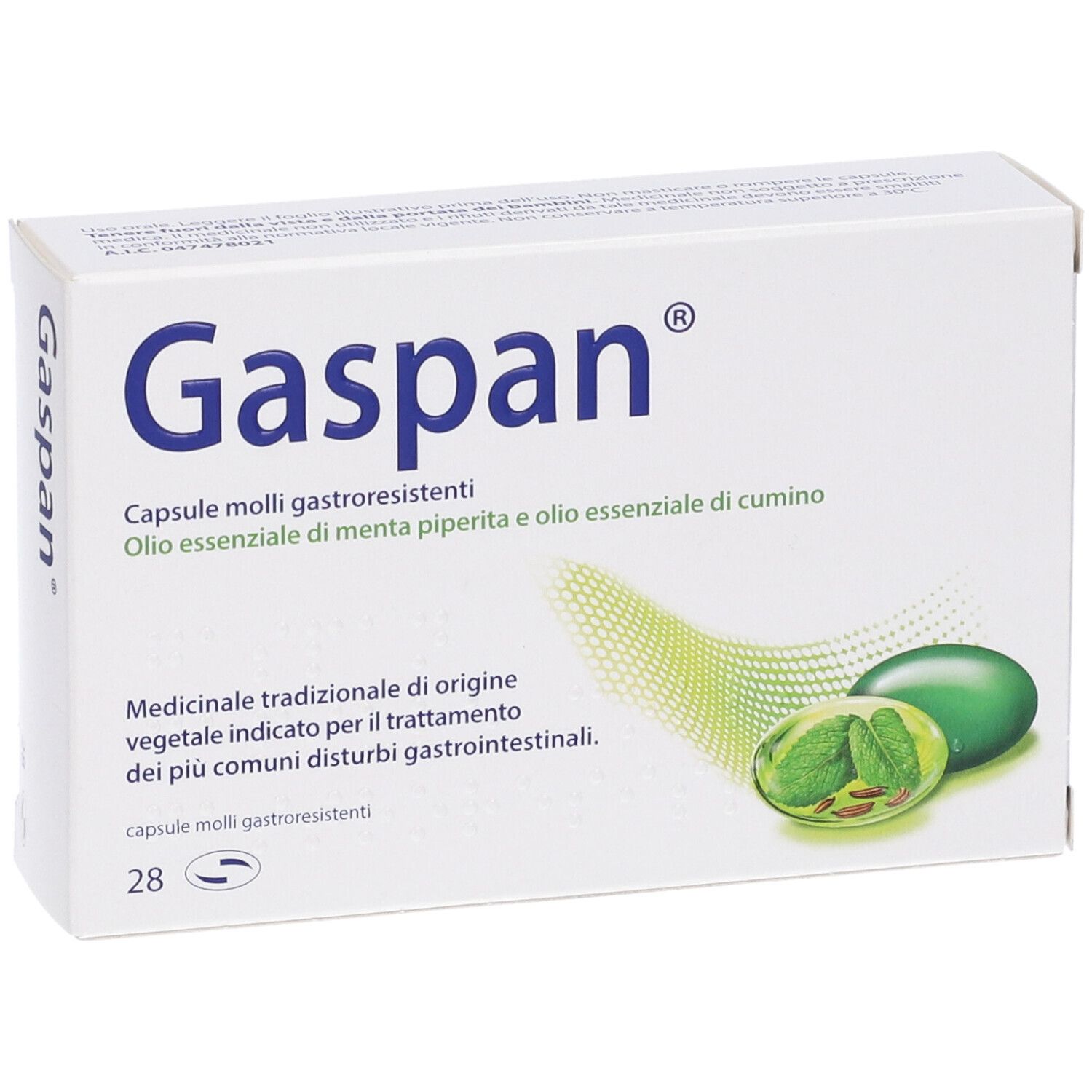 Scatola bianca con logo "Gaspan" blu. Testo: Capsule molli gastroresistenti, 28 unità. Illustrazione di capsule ed erbe.