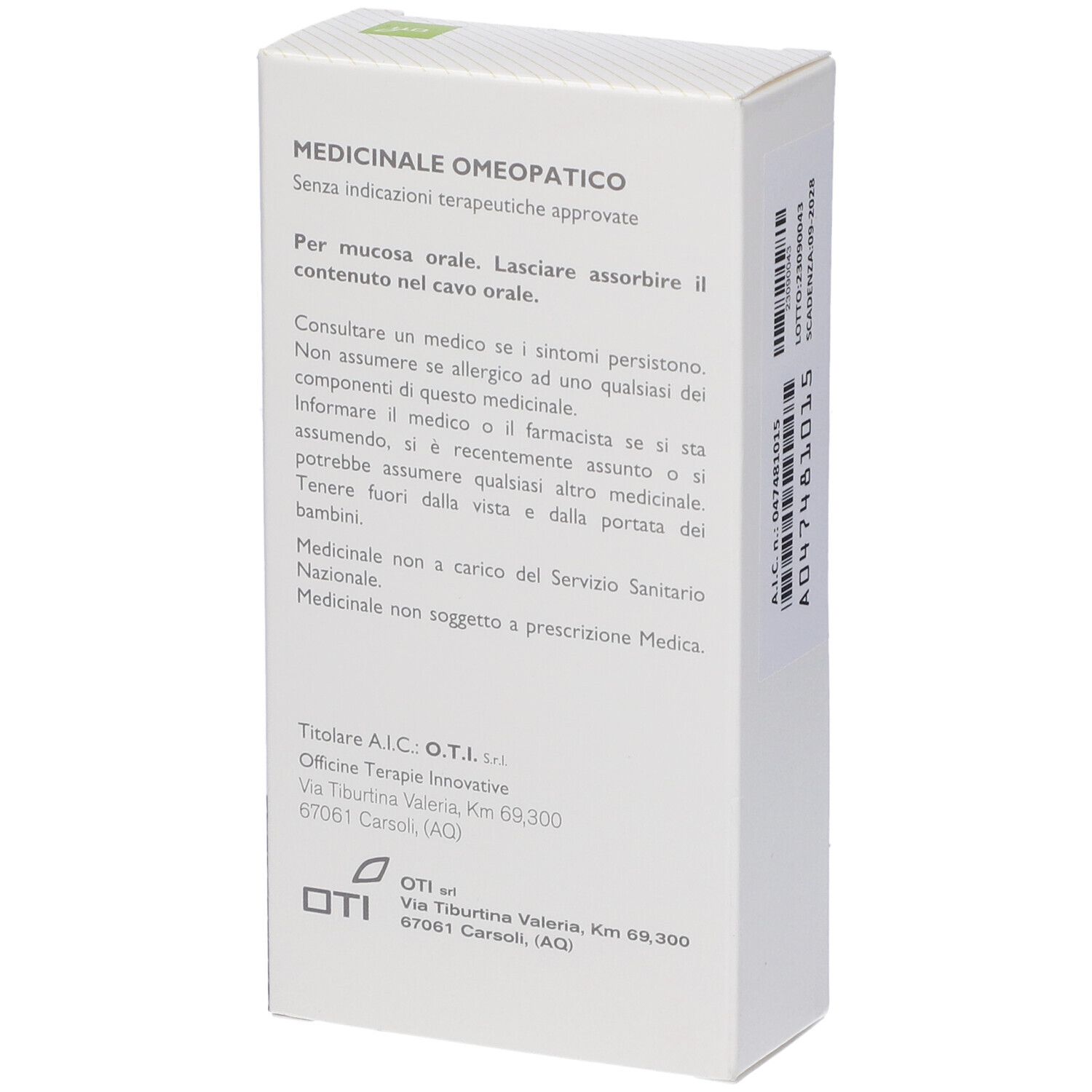 Scatola bianca, retro. Testo: Medicinale, logo OTI. Indirizzo e recapiti.