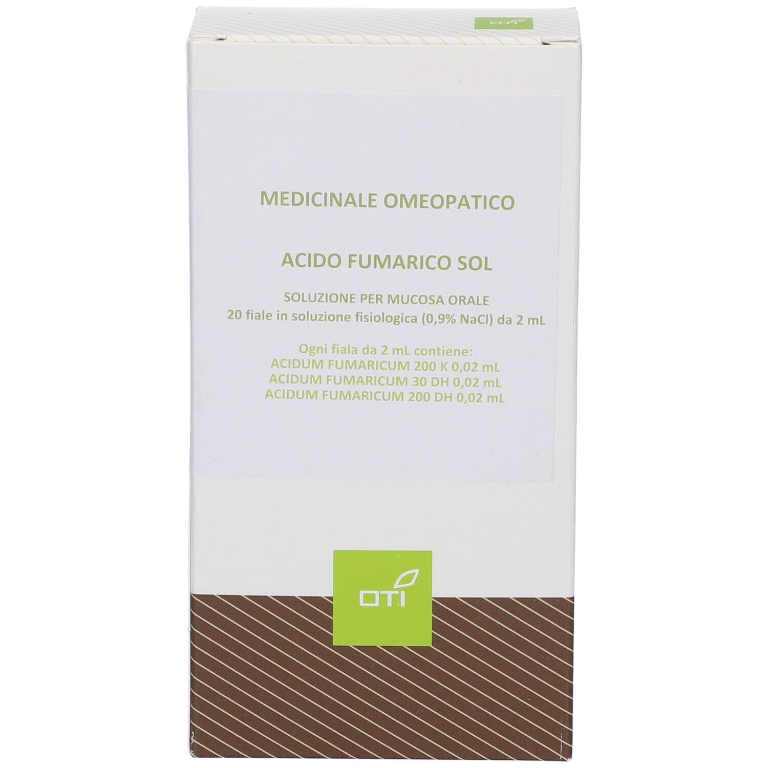 Scatola bianca con informazioni sul prodotto. Testo: Acido Fumarico Sol, 20 fiale. Logo OTI in basso.