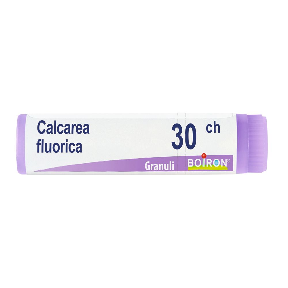 Contenitore monodose cilindrico. Scritte: Calcarea fluorica, 30 ch, Granuli, BOIRON.