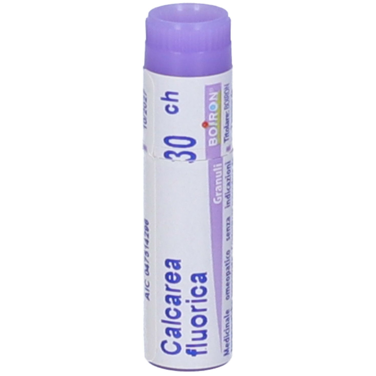 Contenitore monodose cilindrico. Scritte: Calcarea fluorica, 30 ch, BOIRON. Tappo viola.