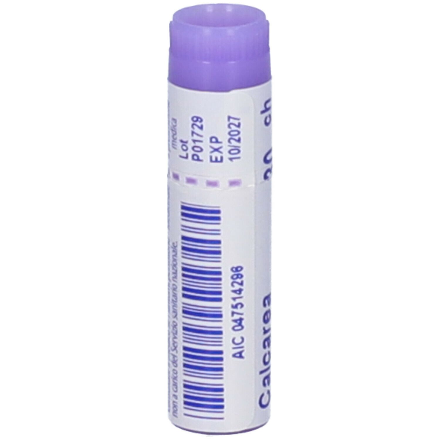 Contenitore monodose cilindrico. Scritte: Calcarea fluorica, 30 ch, BOIRON. Tappo viola.