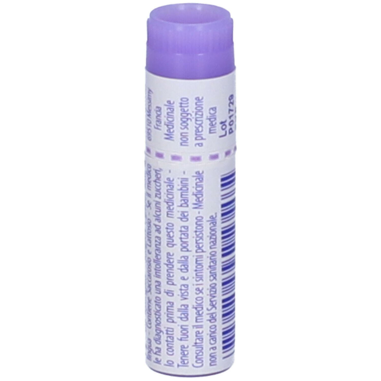 Contenitore monodose cilindrico. Scritte: Calcarea fluorica, 30 ch, BOIRON. Tappo viola.