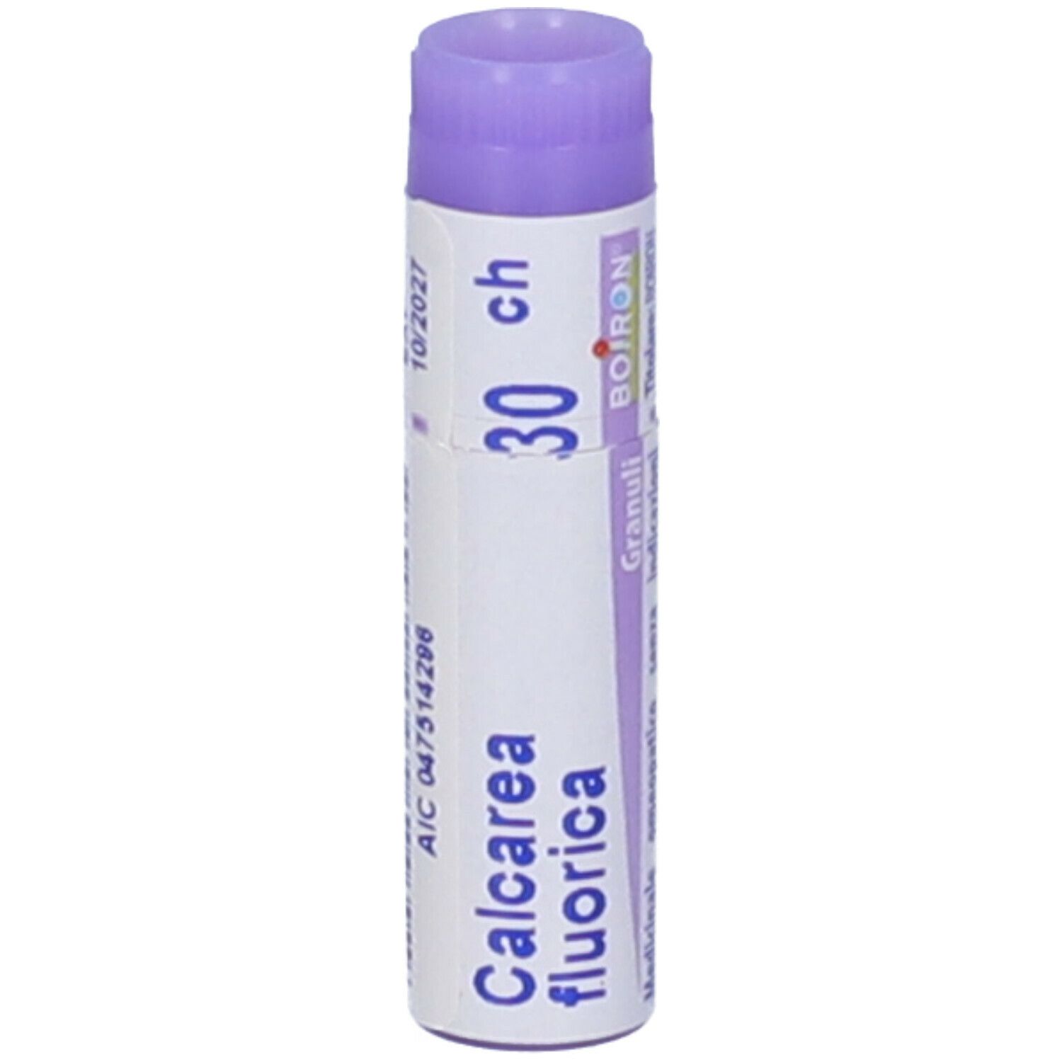 Contenitore monodose cilindrico. Scritte: Calcarea fluorica, 30 ch, BOIRON. Tappo viola.