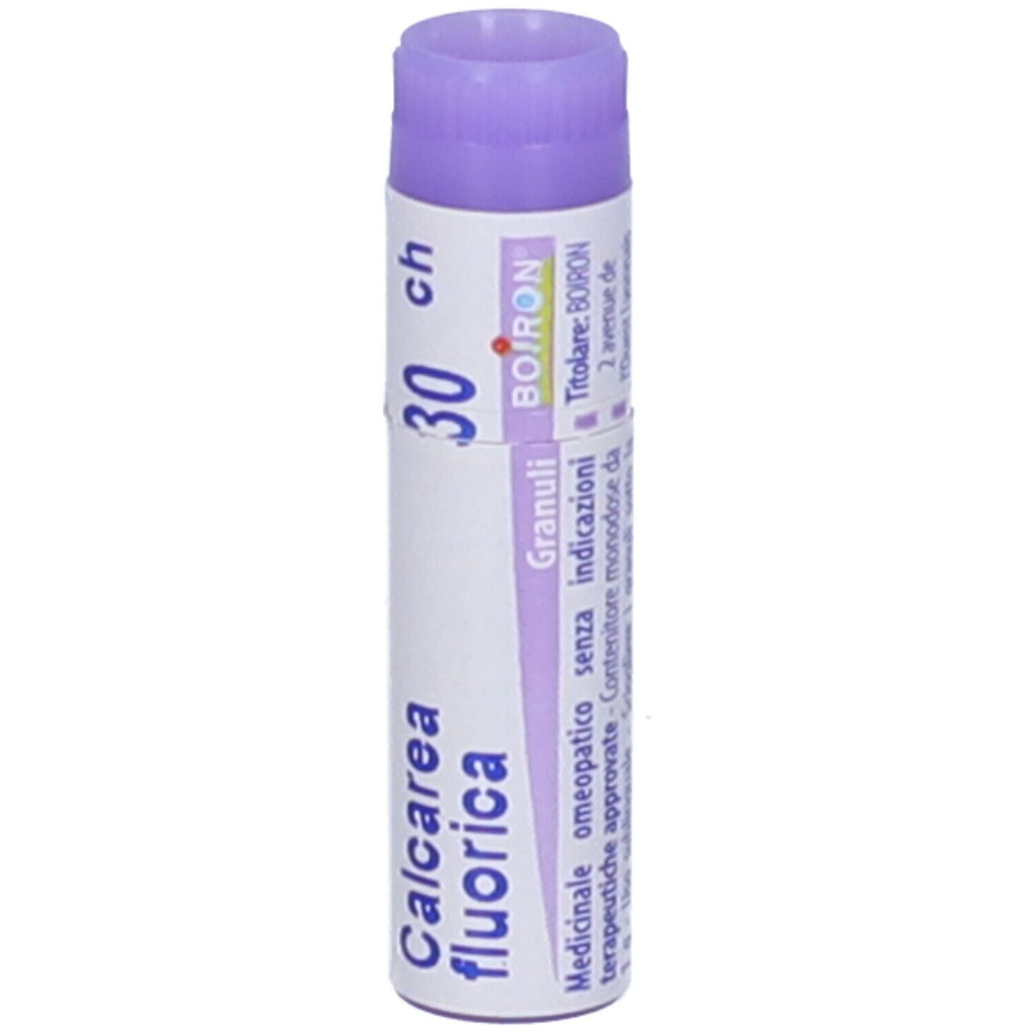 Contenitore monodose cilindrico. Scritte: Calcarea fluorica, 30 ch, BOIRON. Tappo viola.