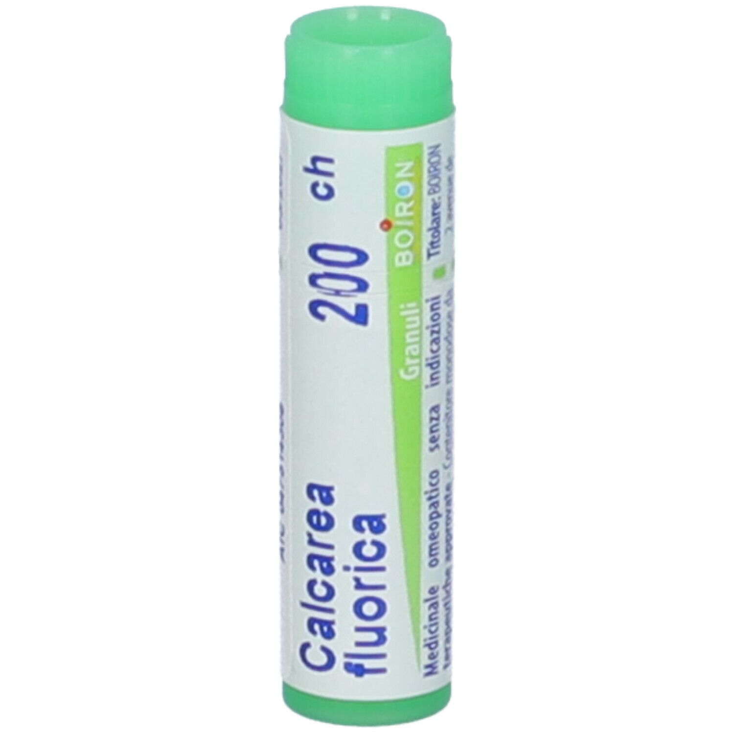 Confezione cilindrica con tappo verde. Scritta: Calcarea fluorica, 200 ch, BOIRON, Granuli.