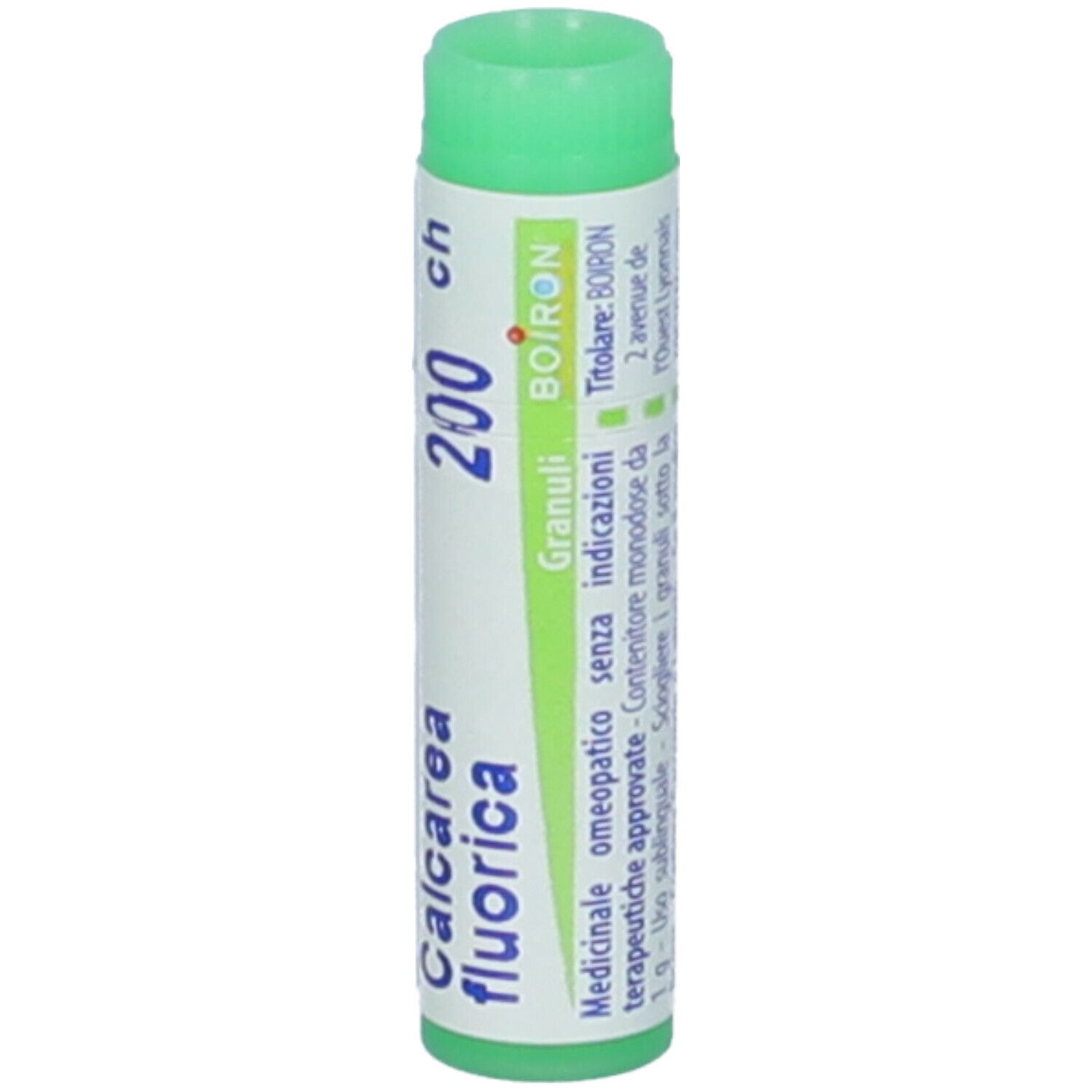 Confezione cilindrica con tappo verde. Scritta: Calcarea fluorica, 200 ch, BOIRON, Granuli.