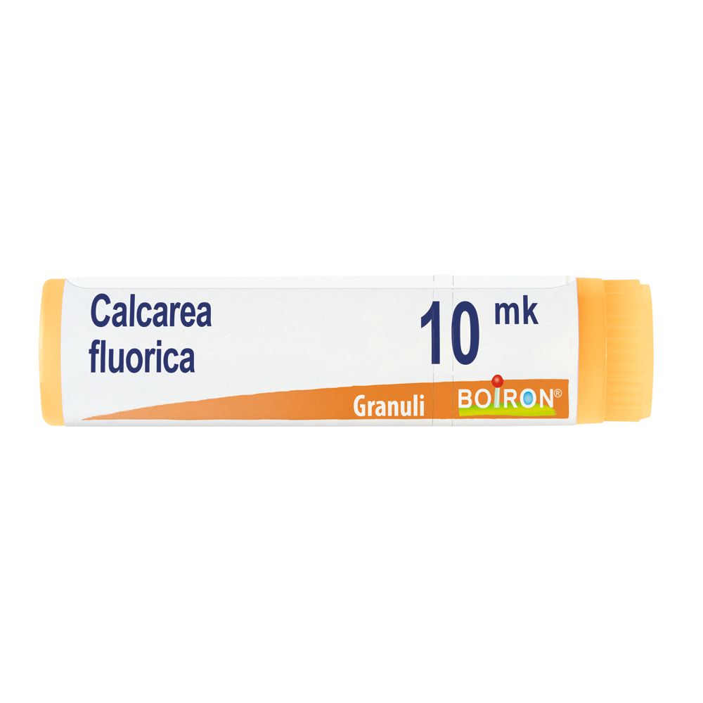Confezione cilindrica di BOIRON® Calcarea fluorica Granuli 10 MK. Scritte: Calcarea fluorica, 10 mk, Granuli, BOIRON®.