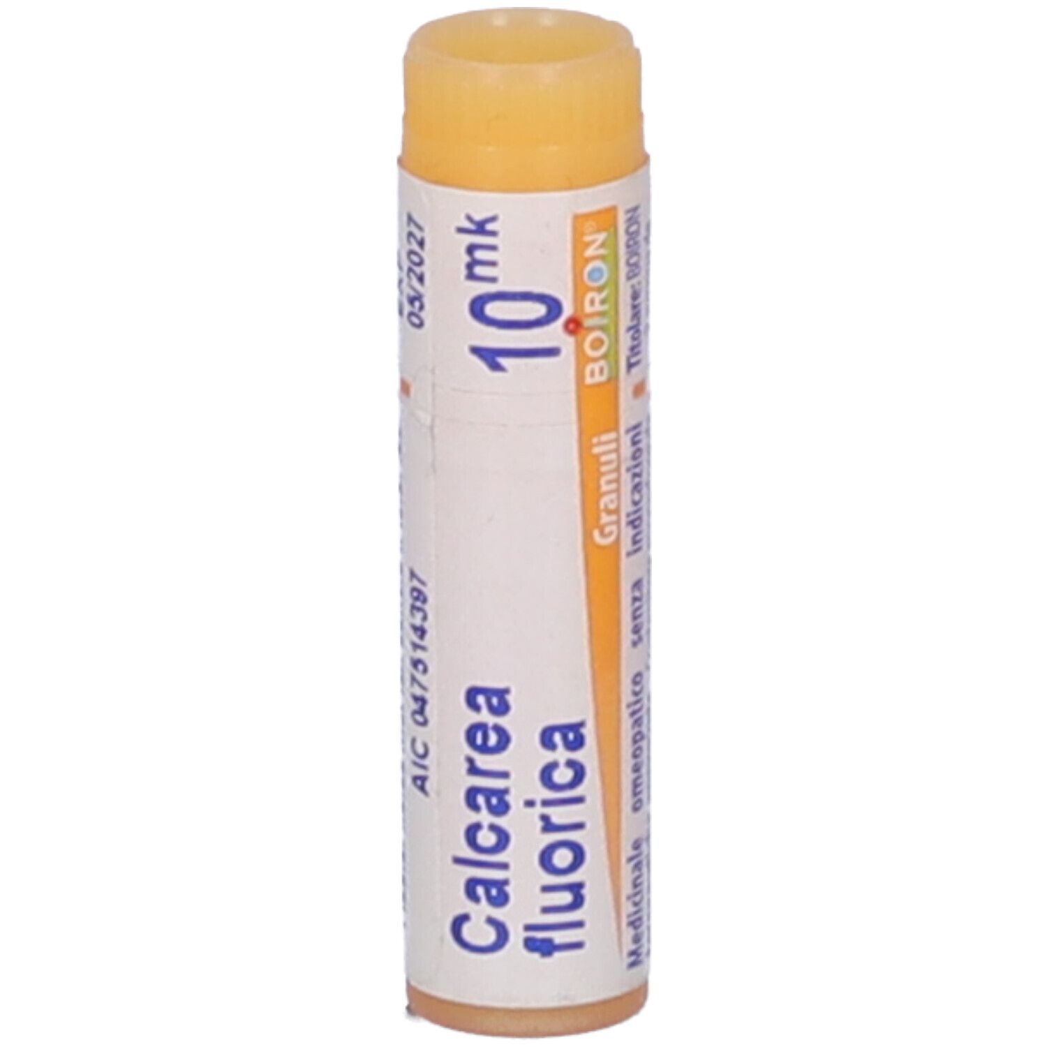 Confezione cilindrica BOIRON® Calcarea fluorica 10 mk. Scritte: Calcarea fluorica, 10 mk, BOIRON®, scadenza 05/2027.