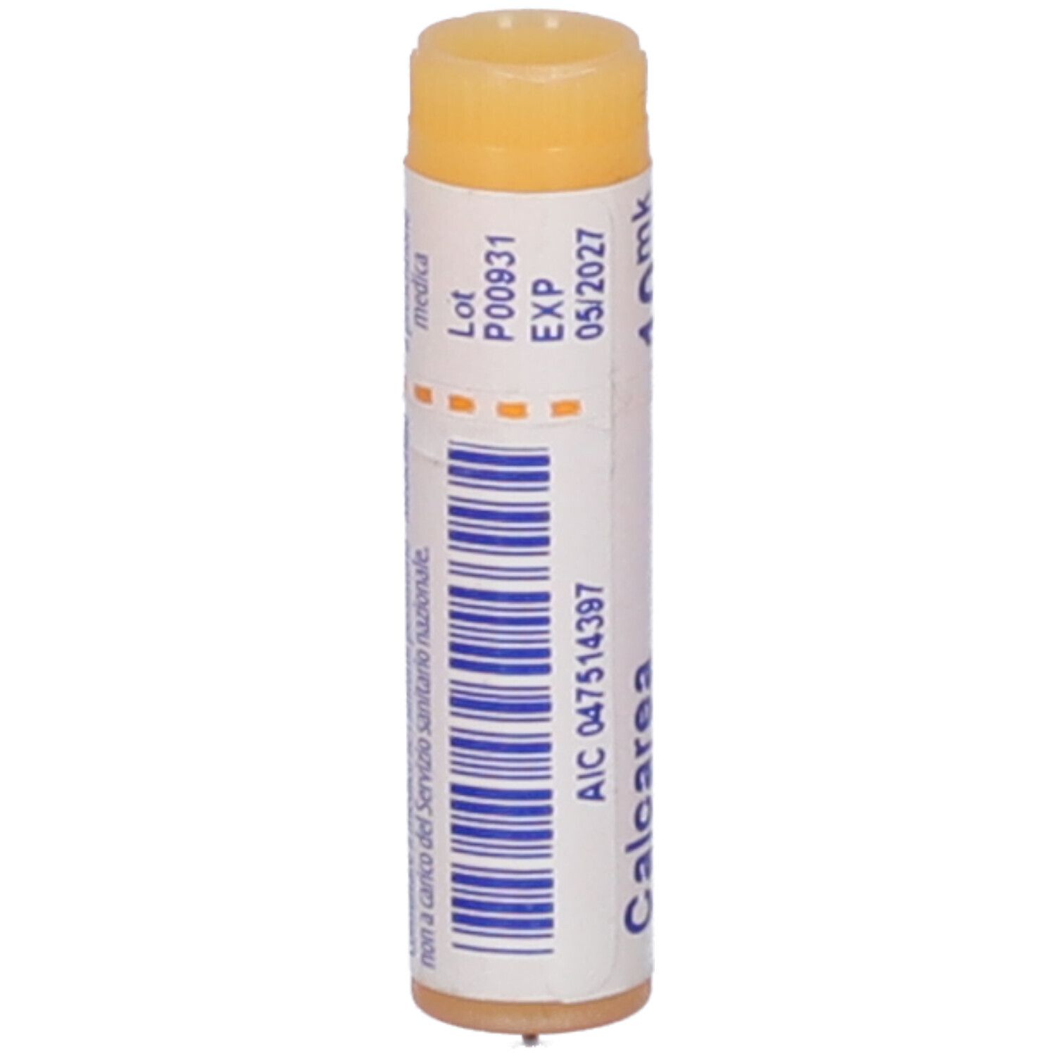 Confezione cilindrica BOIRON® Calcarea fluorica 10 mk. Scritte: Calcarea fluorica, 10 mk, BOIRON®, scadenza 05/2027, numero di lotto.
