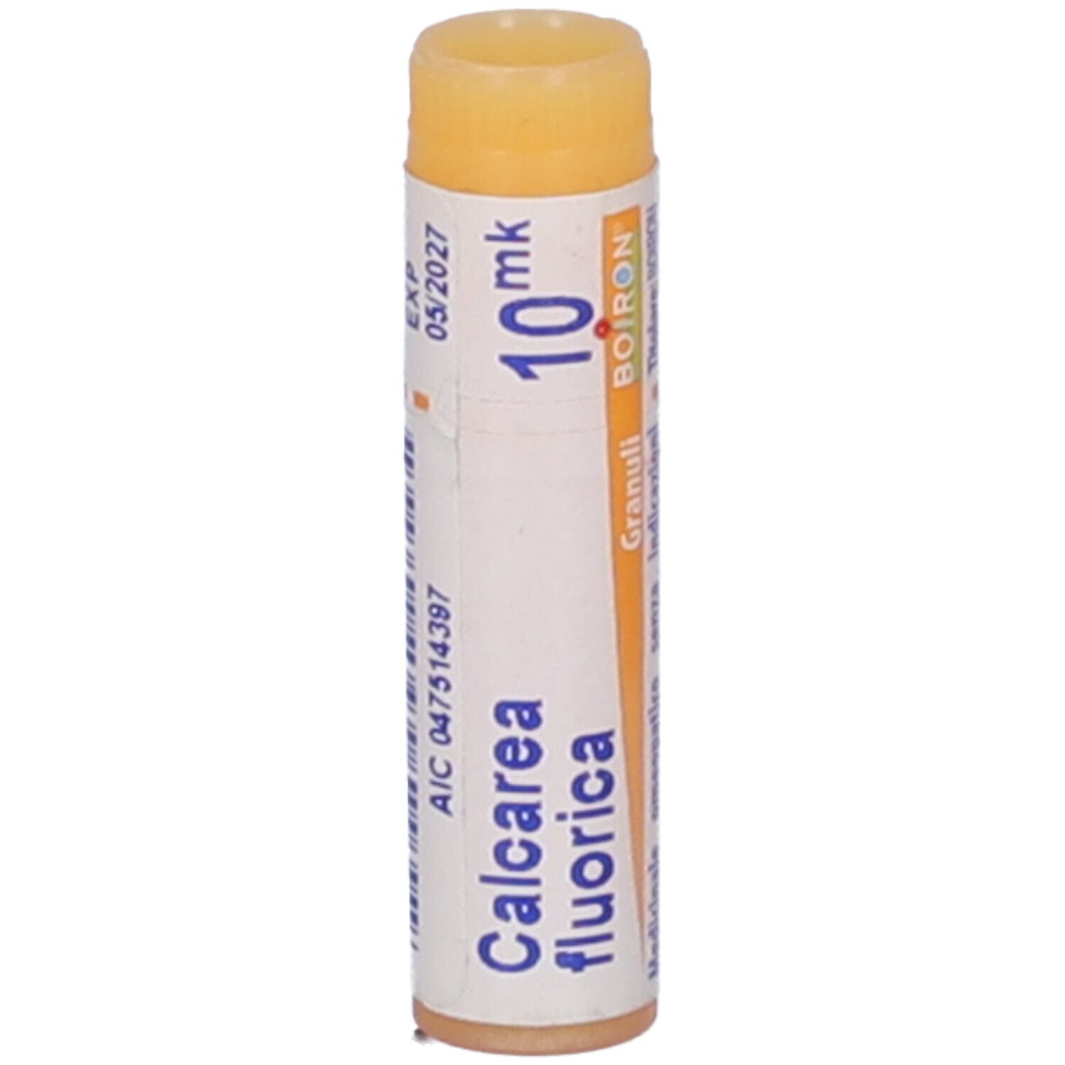 Confezione cilindrica BOIRON® Calcarea fluorica 10 mk. Scritte: Calcarea fluorica, 10 mk, BOIRON®, scadenza 05/2027.