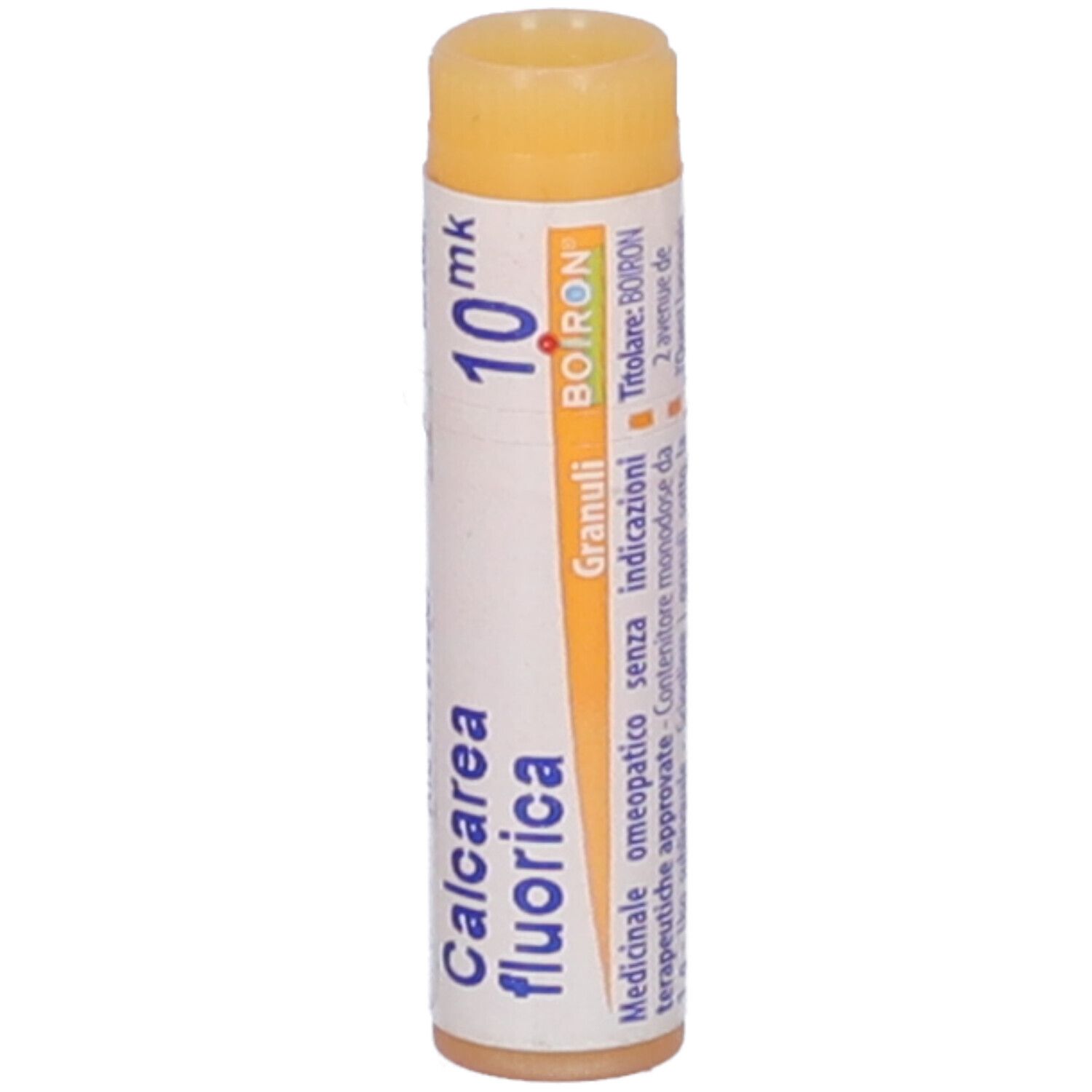 Confezione cilindrica BOIRON® Calcarea fluorica 10 mk. Scritte: Calcarea fluorica, 10 mk, BOIRON®, Granuli, Indicazioni.