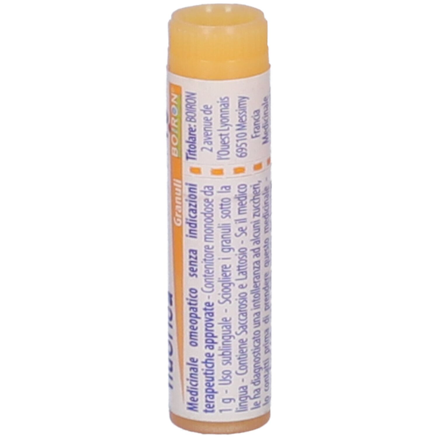 Confezione cilindrica BOIRON® Calcarea fluorica 10 mk. Scritte: Calcarea fluorica, 10 mk, BOIRON®, Granuli, informazioni, indirizzo.