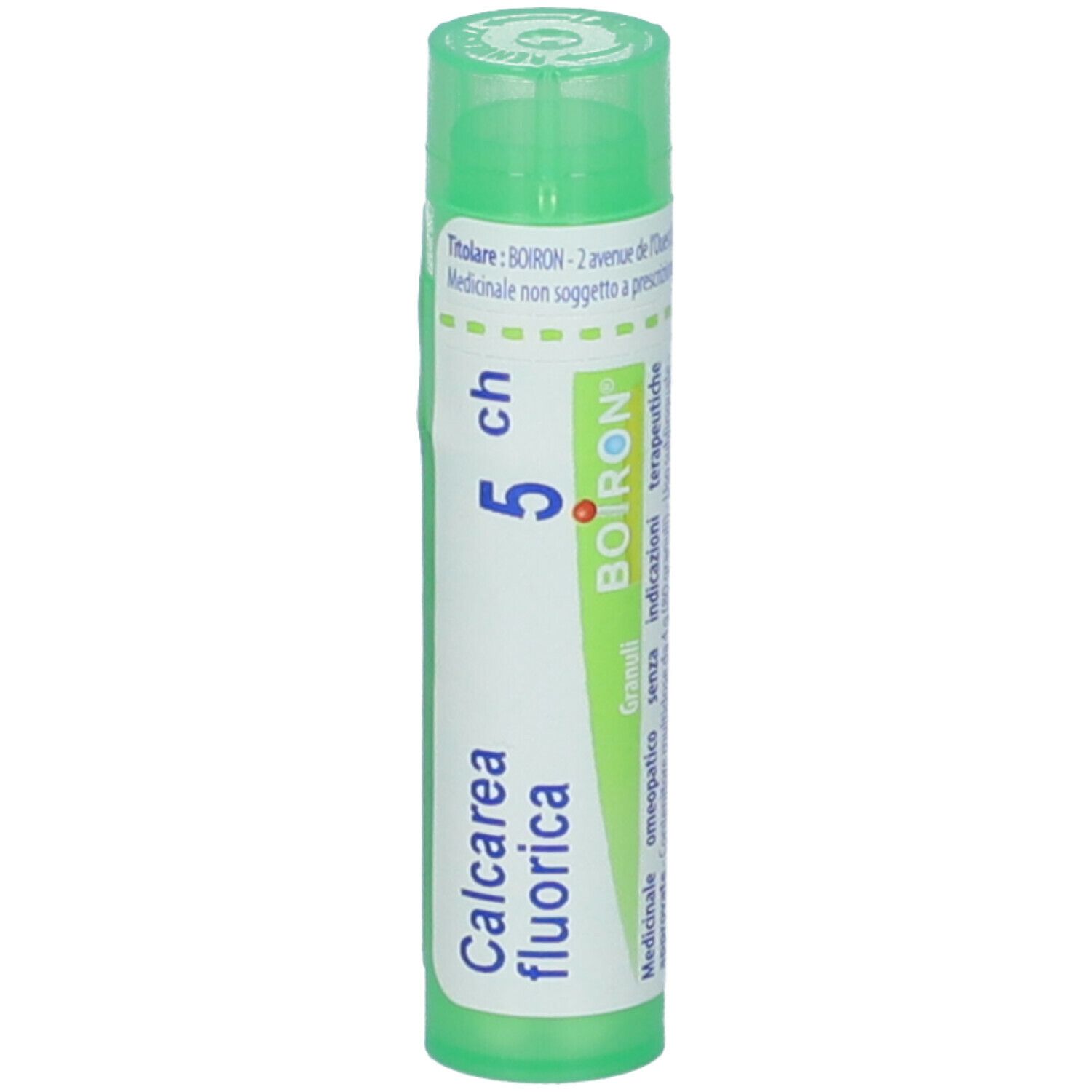 Flacone cilindrico verde. Scritte: Calcarea fluorica, 5 ch, BOIRON. Etichetta con informazioni.