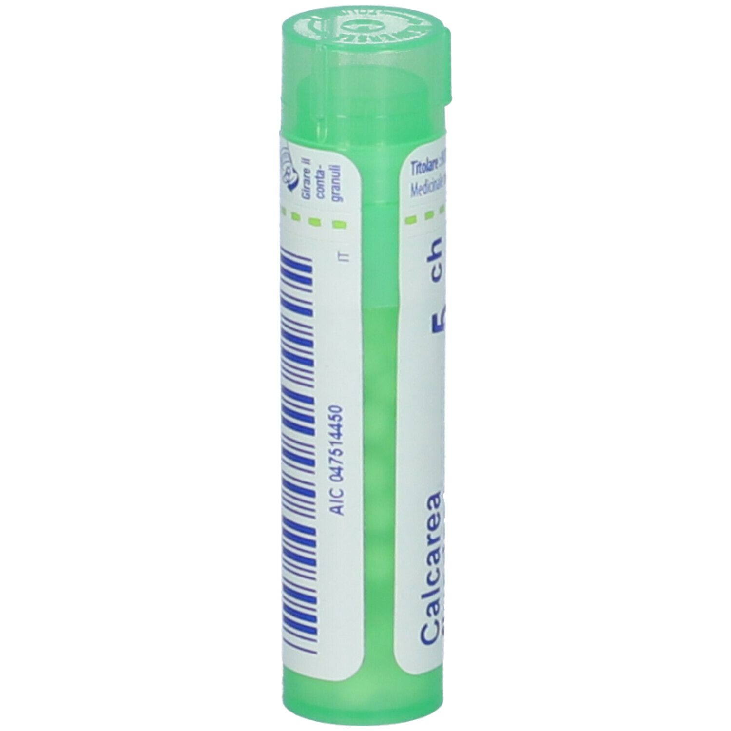 Flacone cilindrico verde. Etichetta con codice a barre e codice AIC. Scritte: Calcarea fluorica, 5 ch.
