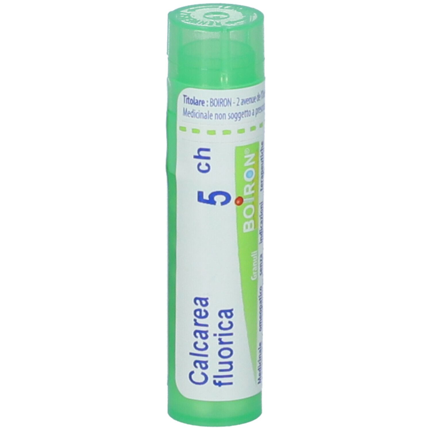 Flacone cilindrico verde. Scritte: Calcarea fluorica, 5 ch, BOIRON. Etichetta con informazioni.