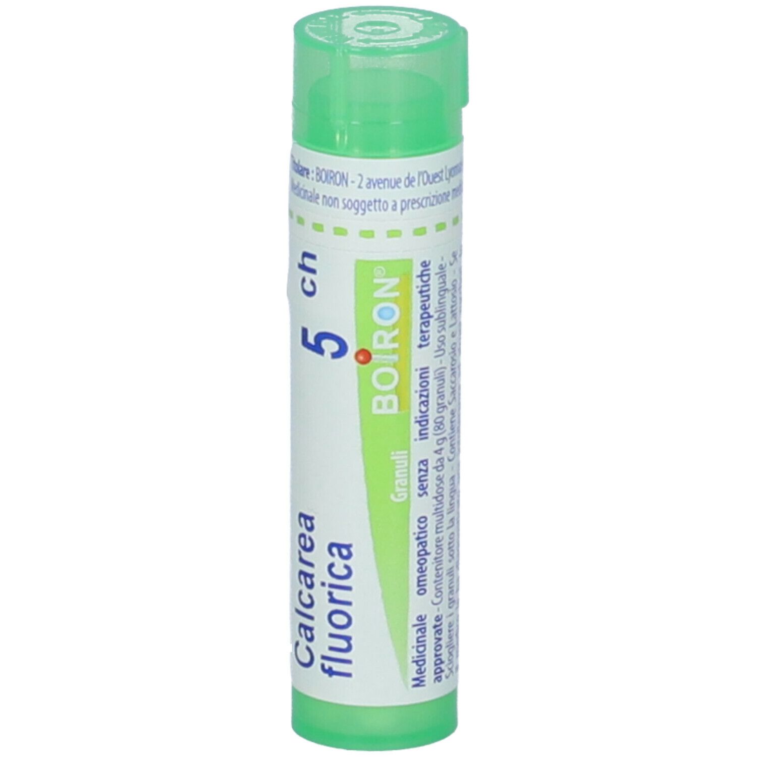 Flacone cilindrico verde. Scritte: Calcarea fluorica, 5 ch, BOIRON, Granuli. Etichetta con informazioni.