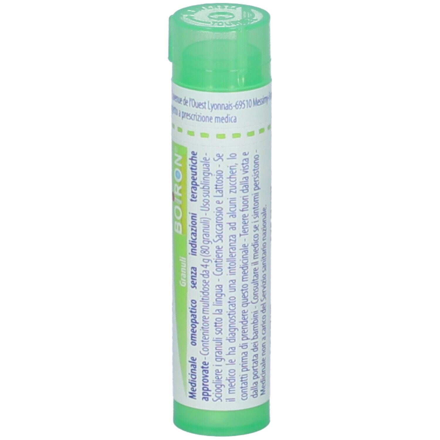 Flacone cilindrico verde. Scritte: Calcarea fluorica, 5 ch, BOIRON, Granuli. Etichetta con informazioni.