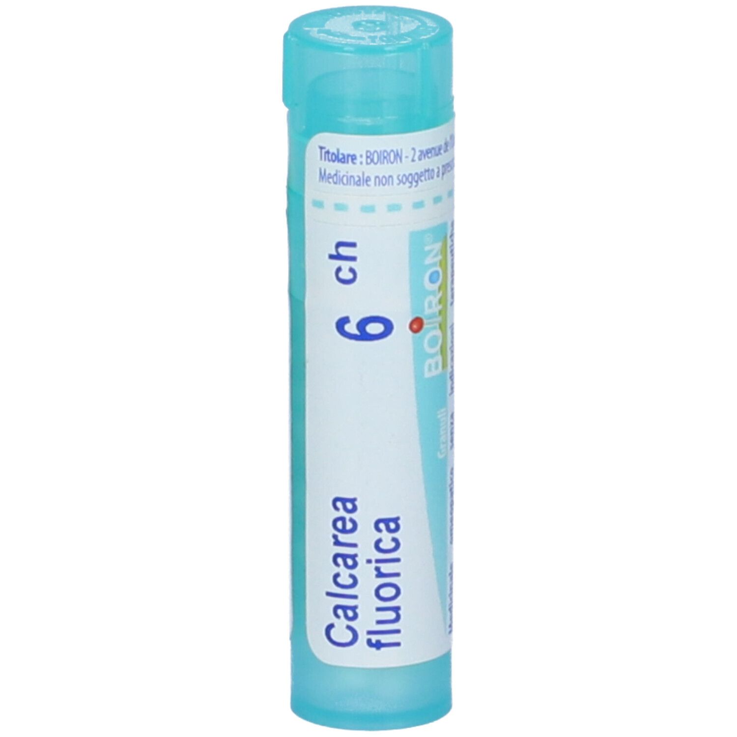 Confezione cilindrica blu. Scritta: Calcarea fluorica 6 ch, BOIRON.