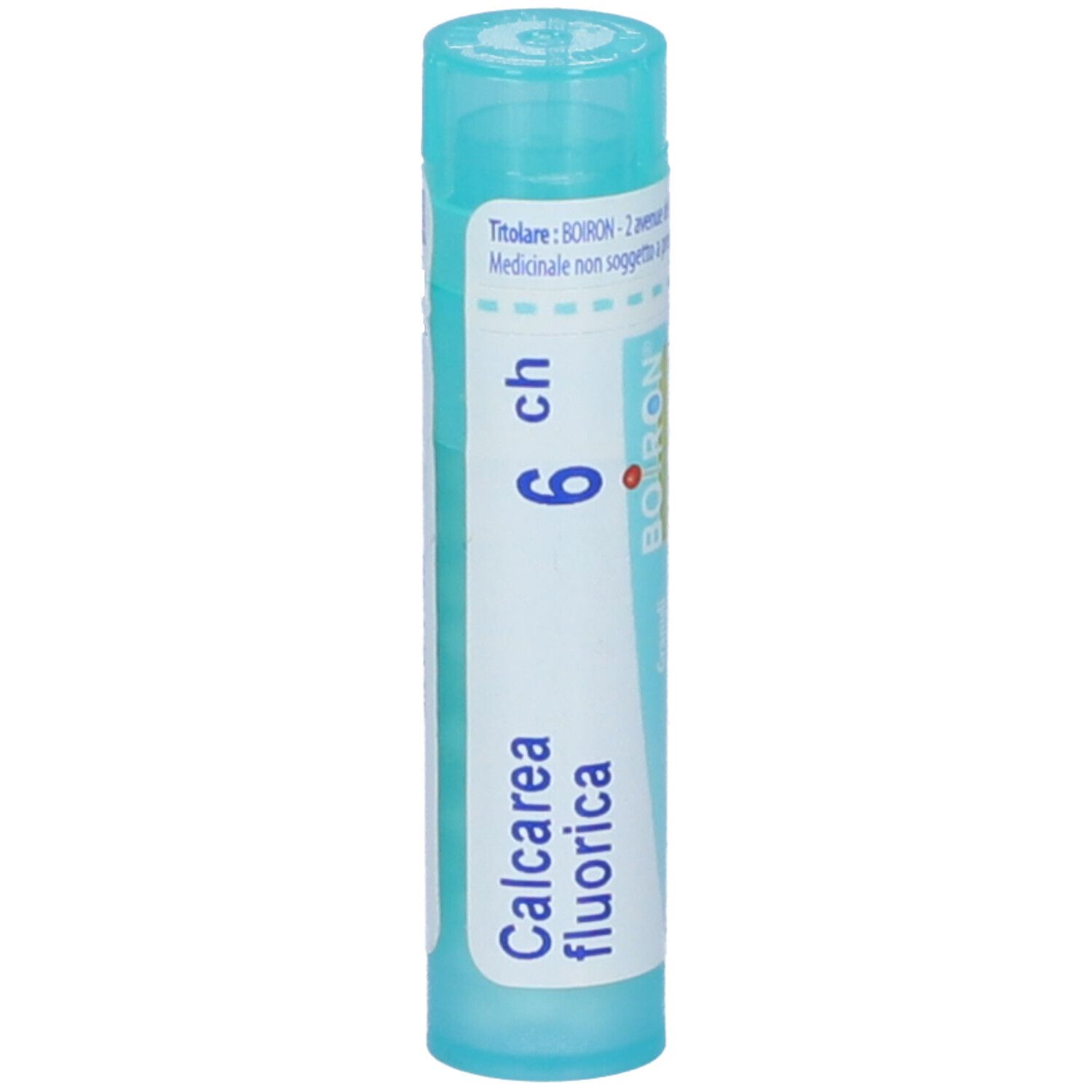 Confezione cilindrica blu. Scritta: Calcarea fluorica 6 ch, BOIRON.
