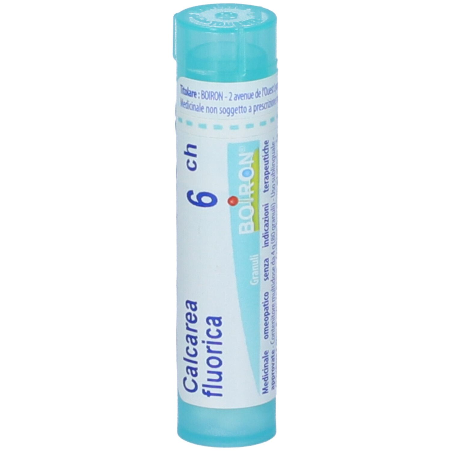 Confezione cilindrica blu. Scritta: Calcarea fluorica 6 ch, BOIRON, Granuli.