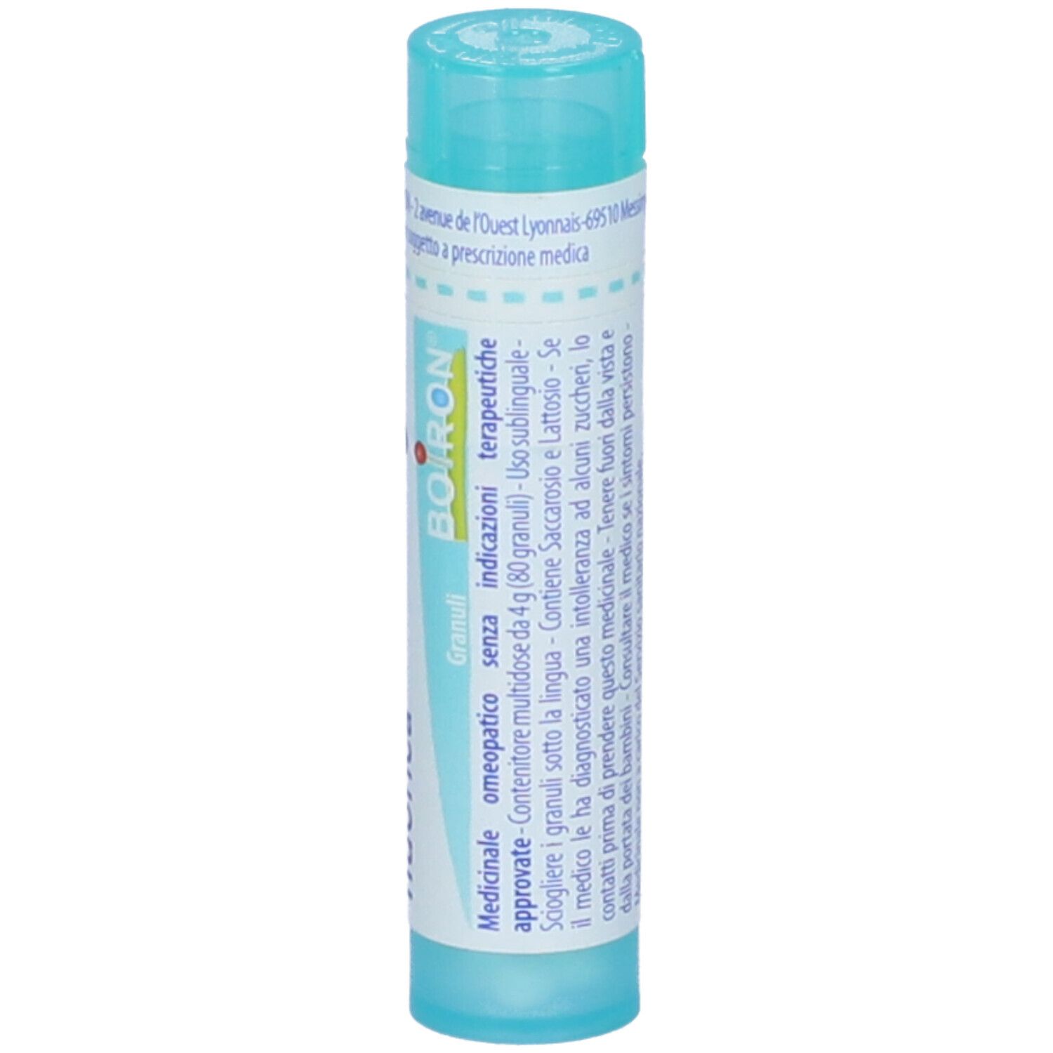 Confezione cilindrica blu. Scritta: BOIRON, Granuli, Medicinale, Indicazioni.