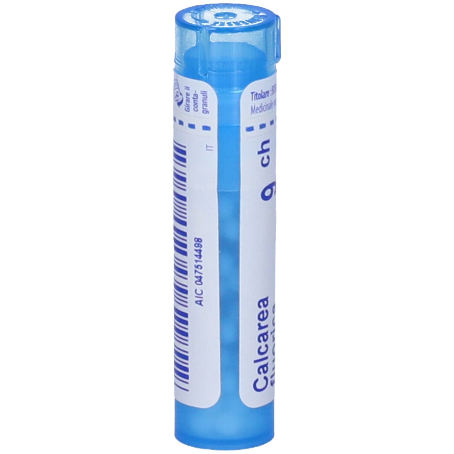Contenitore blu cilindrico con etichetta bianca. Scritta: Calcarea fluorica, 9 ch. Codice AIC sull'etichetta.