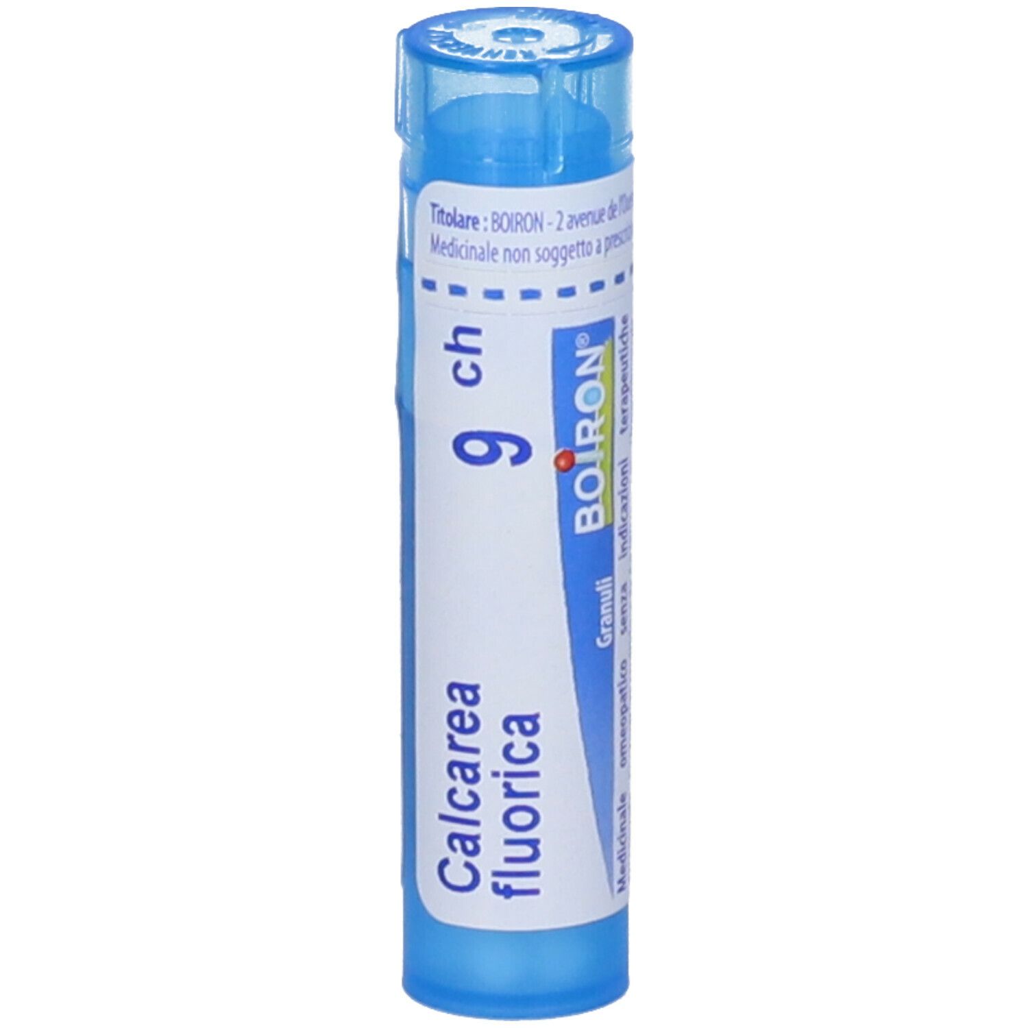 Contenitore blu cilindrico con etichetta bianca. Scritta: Calcarea fluorica, 9 ch, BOIRON, Granuli.