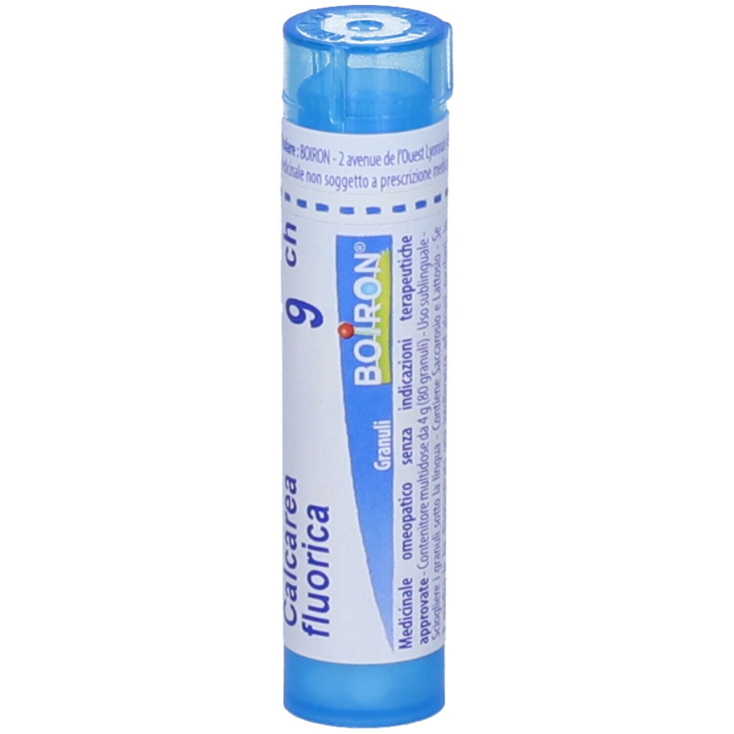 Contenitore blu cilindrico con etichetta bianca. Scritta: Calcarea fluorica, 9 ch, BOIRON, Granuli.