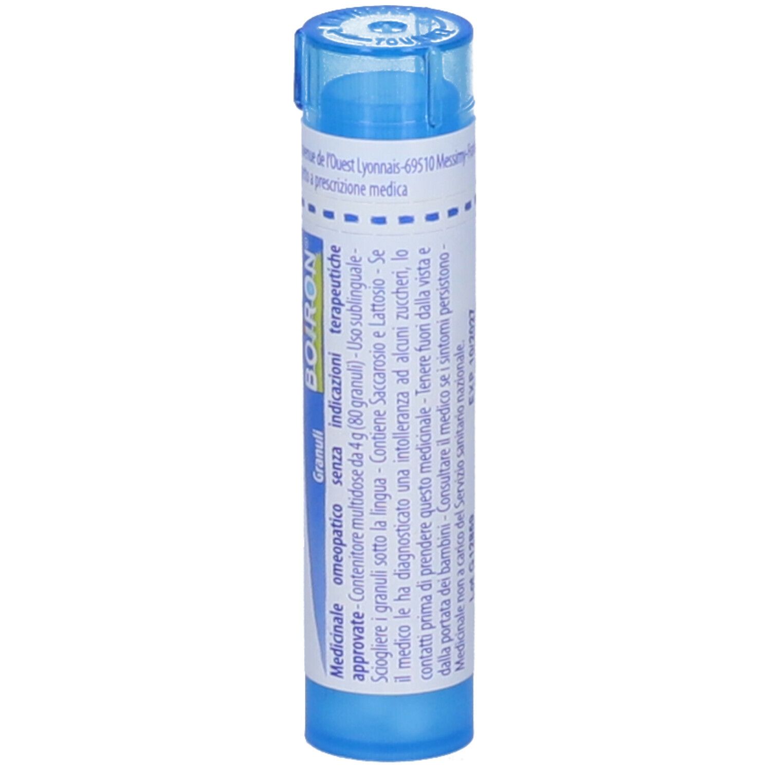 Contenitore blu cilindrico con etichetta bianca. Scritta: Calcarea fluorica, 9 ch, BOIRON, Granuli.