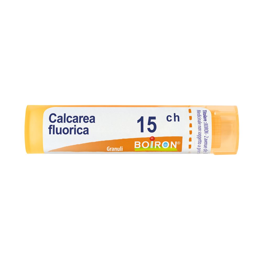 Tubo giallo con scritta 'Calcarea fluorica 15 ch' e 'BOIRON'.