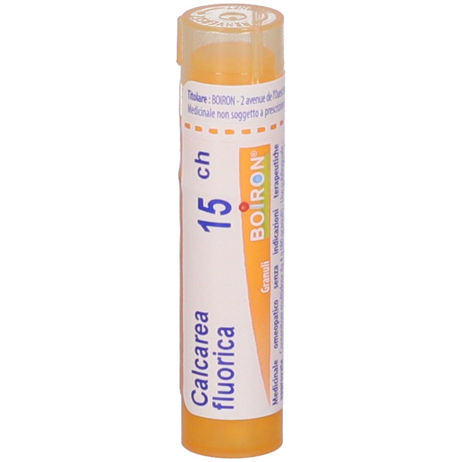 Tubo cilindrico giallo con etichetta bianca. Scritta: 'Calcarea fluorica 15 ch' e 'BOIRON'.