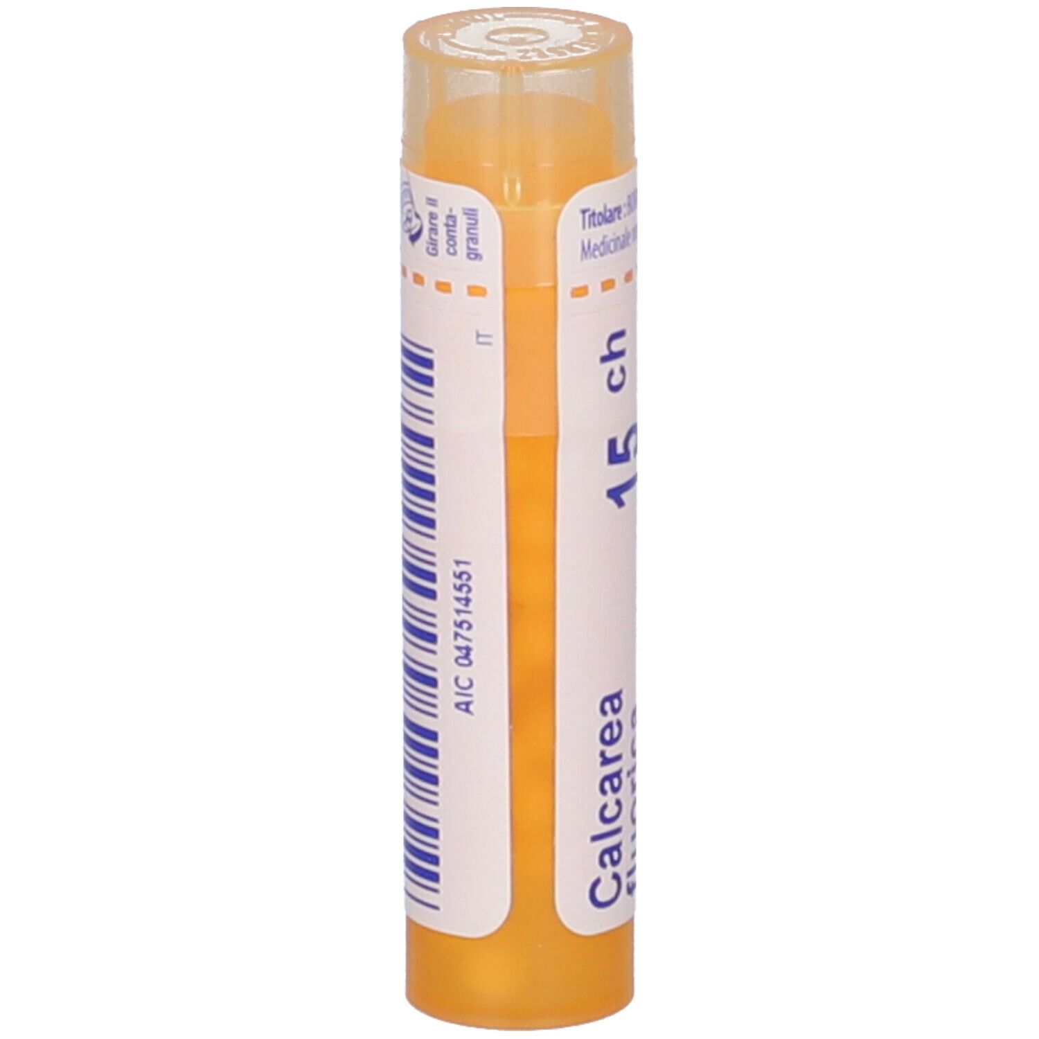 Tubo giallo con etichetta bianca e codice a barre. Scritta: 'Calcarea fluorica 15 ch'.