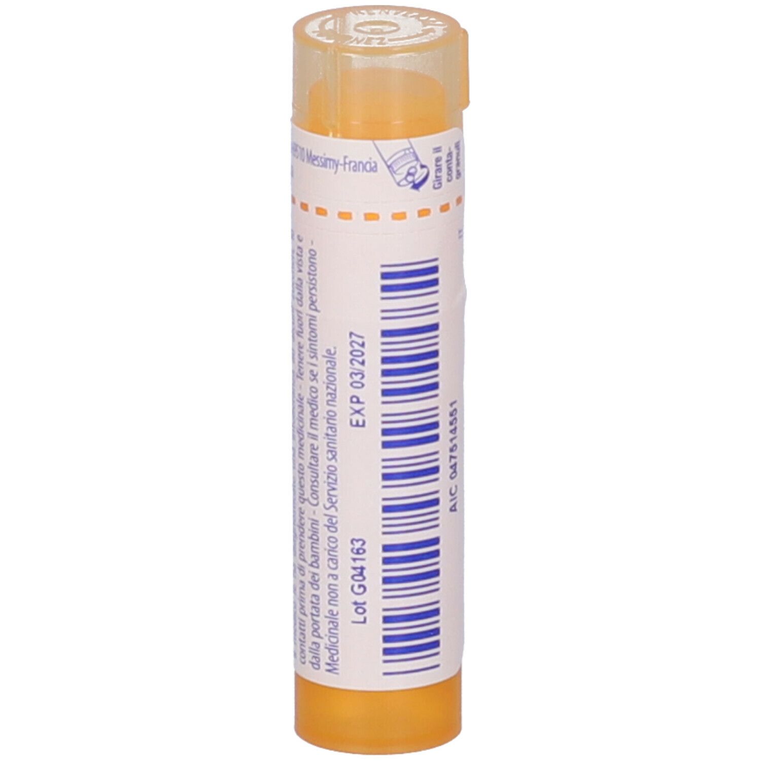 Tubo giallo con etichetta bianca. Scritta: 'Calcarea fluorica 15 ch'. Scadenza: 03/2027.